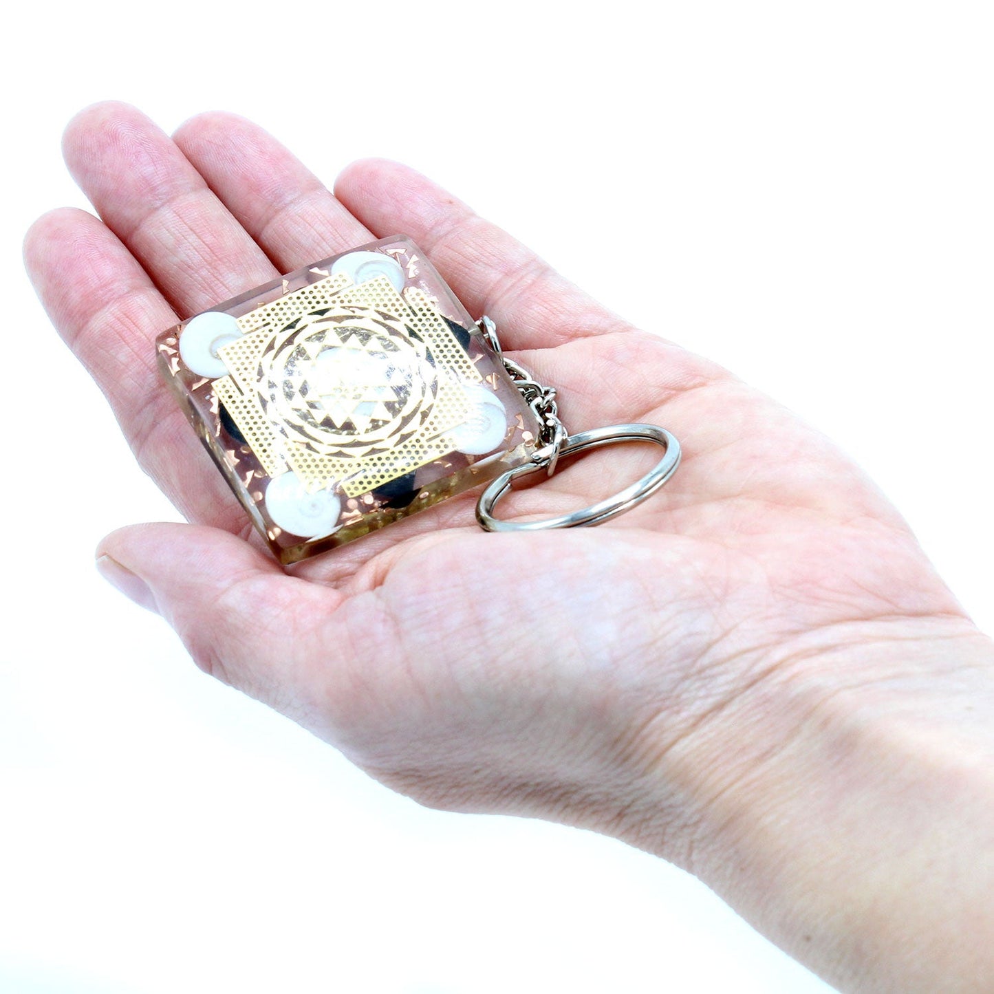 Handmade Orgonite Power Keyring - Square / Tourmaline / Clear and Gold product packaging on clean background from Quintessential Holistic Health Ltd