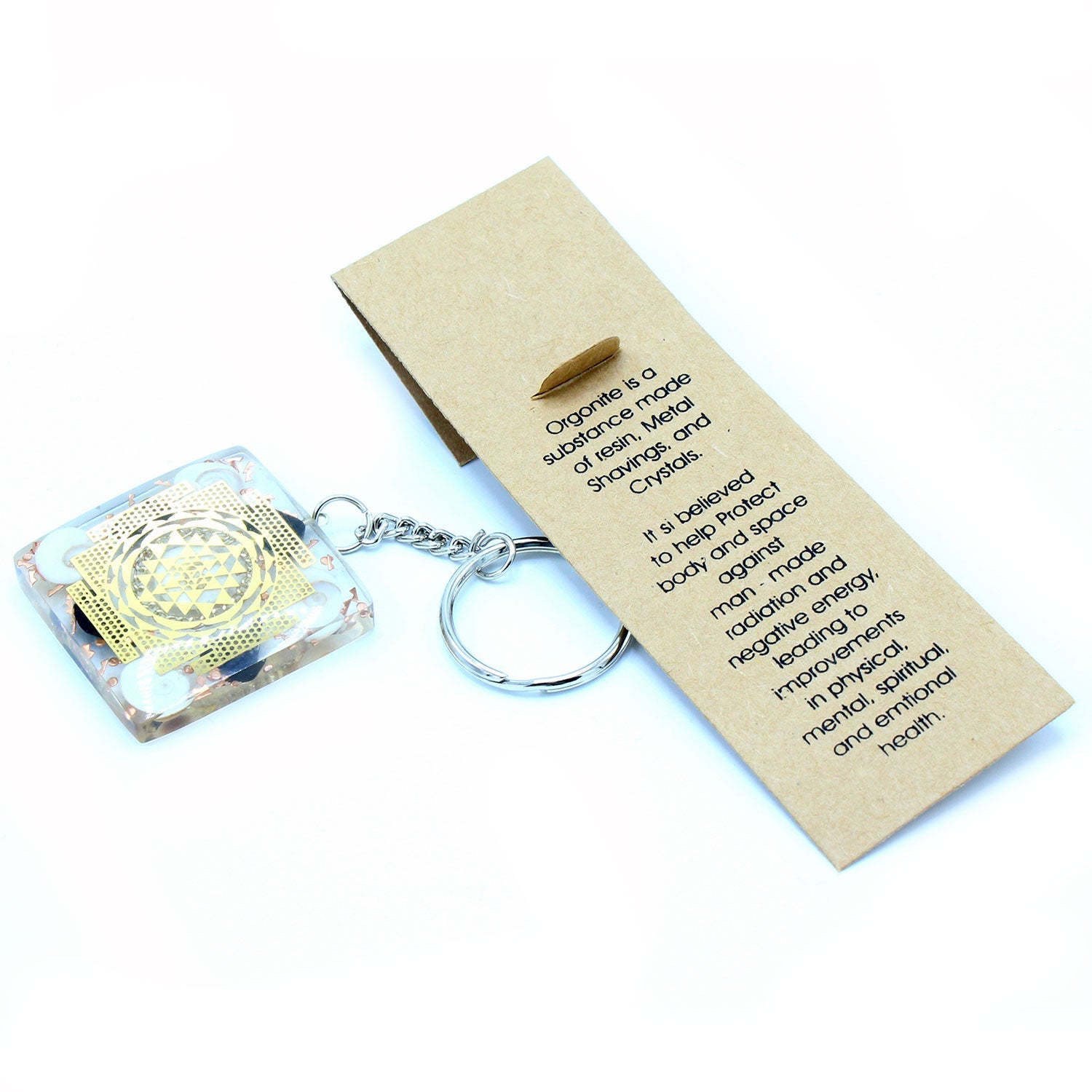 Handmade Orgonite Power Keyring - Square / Tourmaline / Clear and Gold product packaging on clean background from Quintessential Holistic Health Ltd