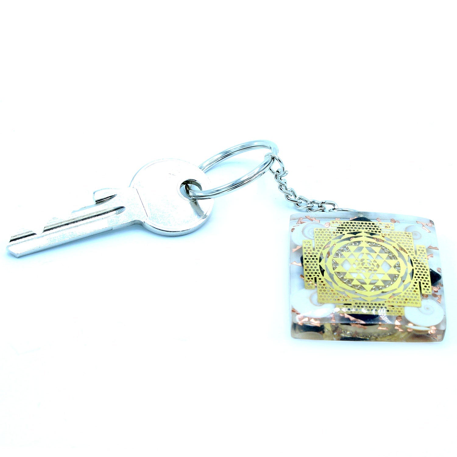 Handmade Orgonite Power Keyring - Square / Tourmaline / Clear and Gold product packaging on clean background from Quintessential Holistic Health Ltd