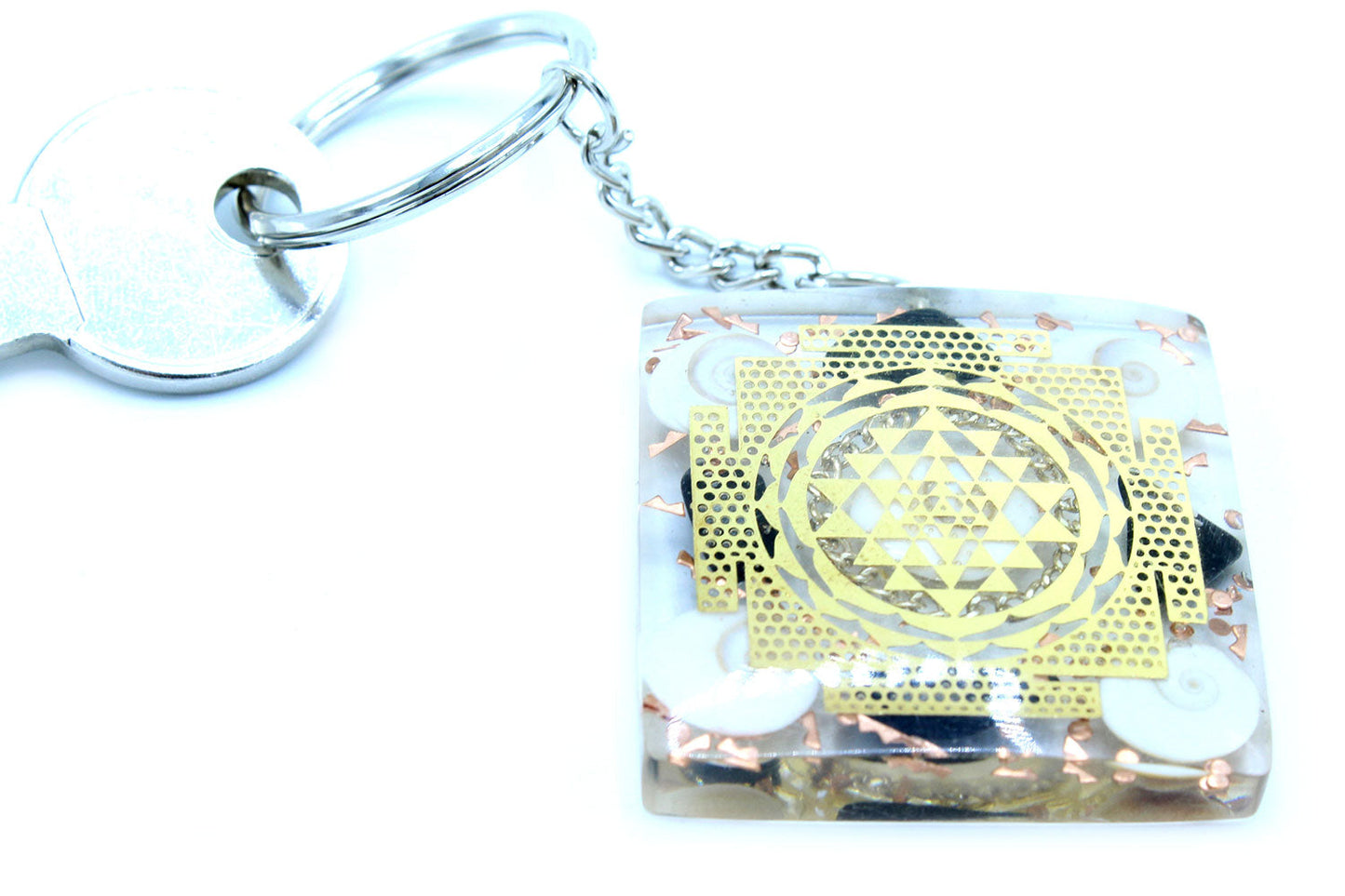 Handmade Orgonite Power Keyring - Square / Tourmaline / Clear and Gold product packaging on clean background from Quintessential Holistic Health Ltd