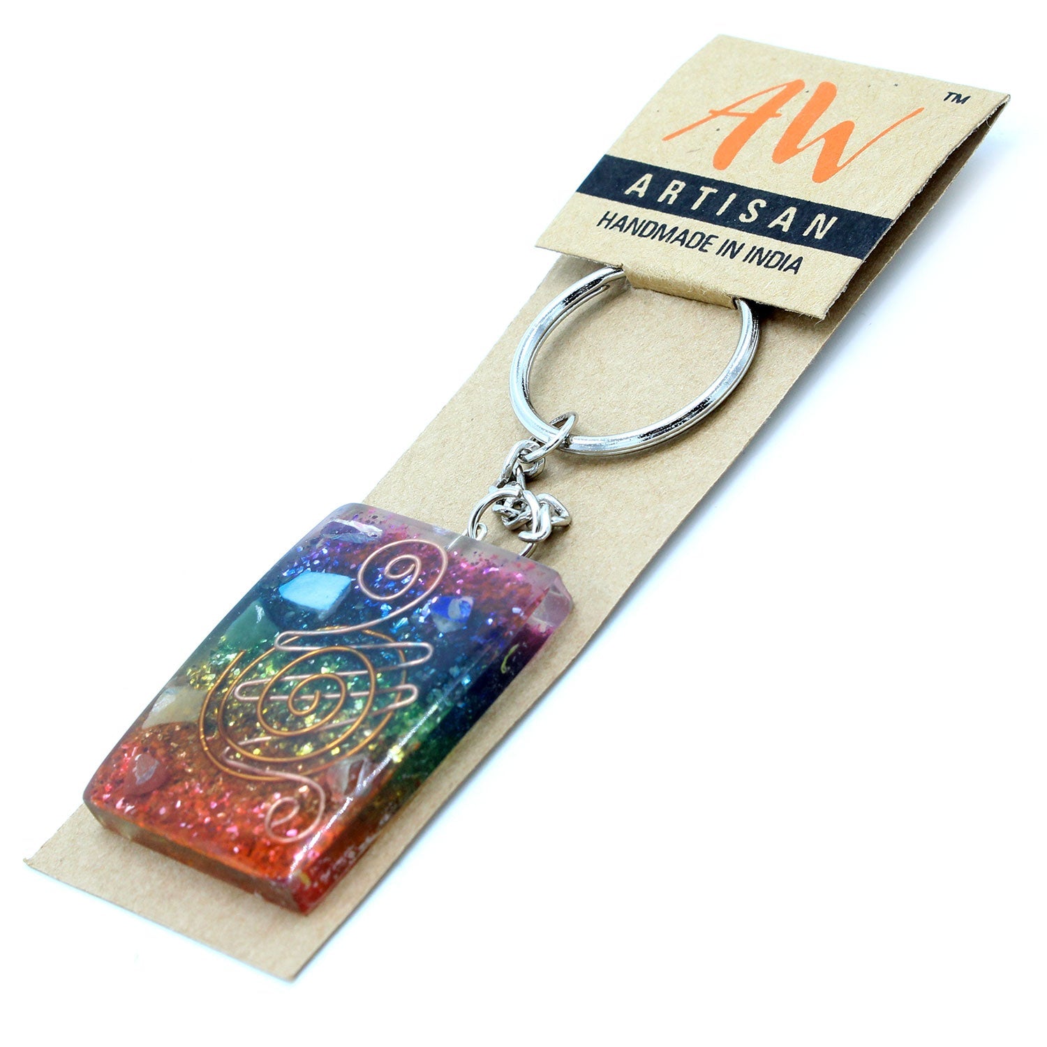 Handmade Orgonite Power Keyring - Chakra / Rectangular / Multicolour and Copper product packaging on clean background from Quintessential Holistic Health Ltd
