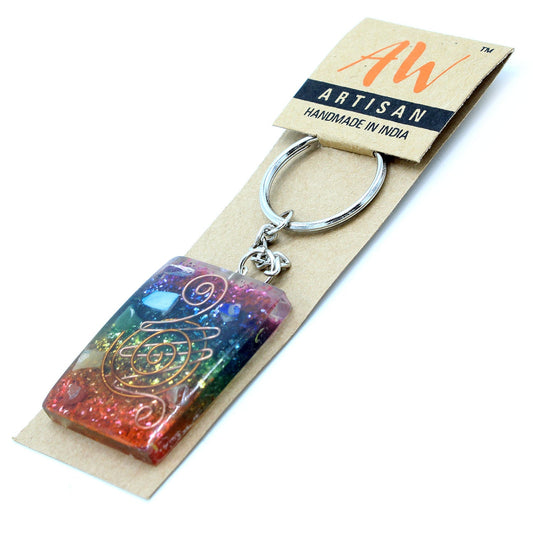 Handmade Orgonite Power Keyring - Chakra / Rectangular / Multicolour and Copper product packaging on clean background from Quintessential Holistic Health Ltd