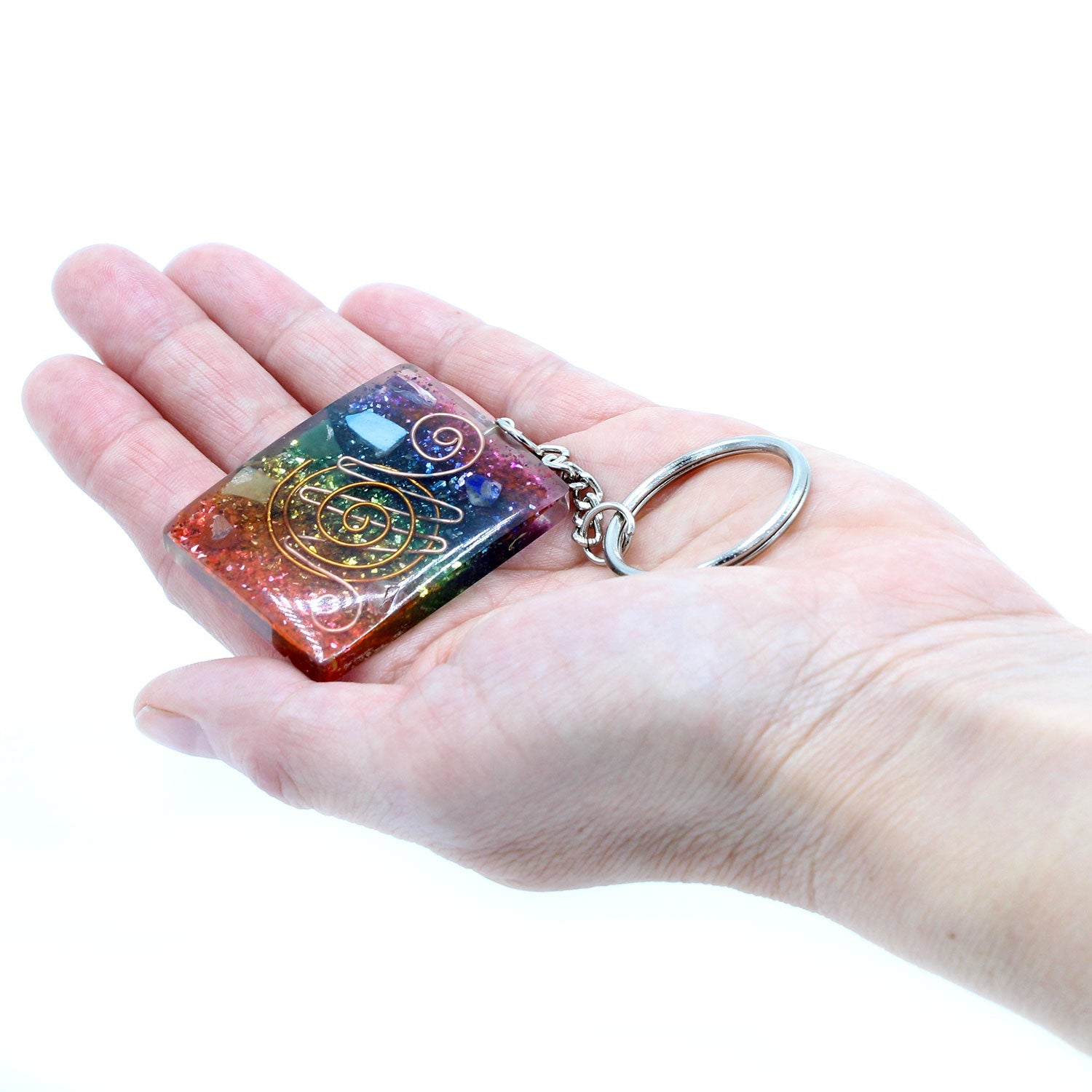 Handmade Orgonite Power Keyring - Chakra / Rectangular / Multicolour and Copper product packaging on clean background from Quintessential Holistic Health Ltd