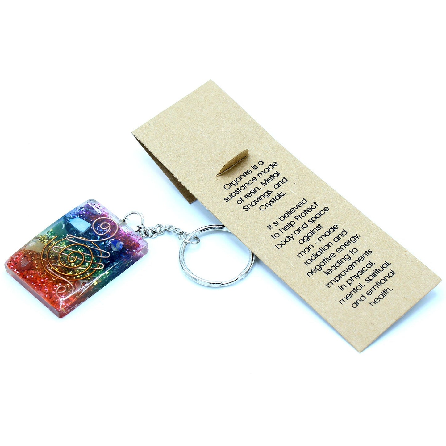 Handmade Orgonite Power Keyring - Chakra / Rectangular / Multicolour and Copper product packaging on clean background from Quintessential Holistic Health Ltd
