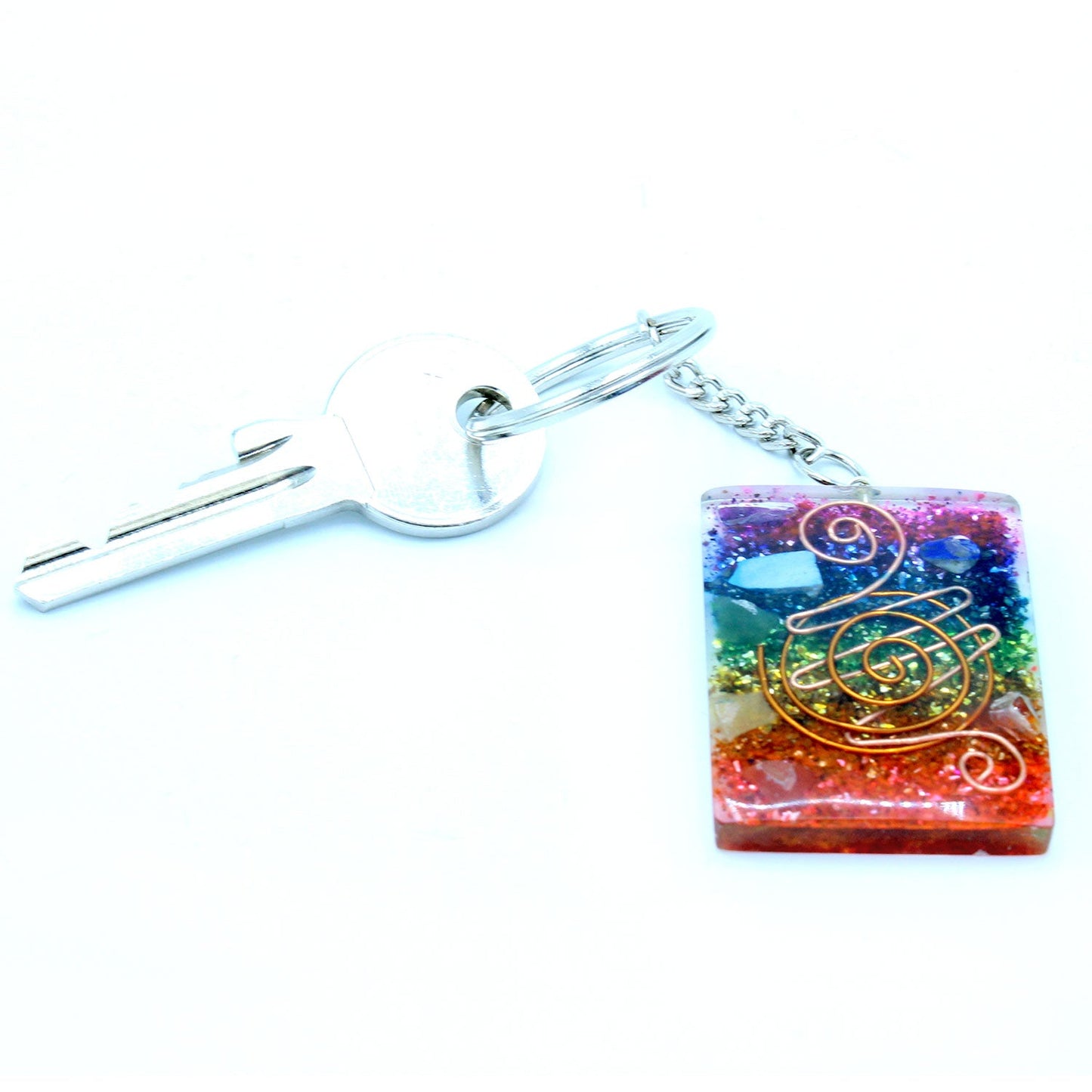 Handmade Orgonite Power Keyring - Chakra / Rectangular / Multicolour and Copper product packaging on clean background from Quintessential Holistic Health Ltd