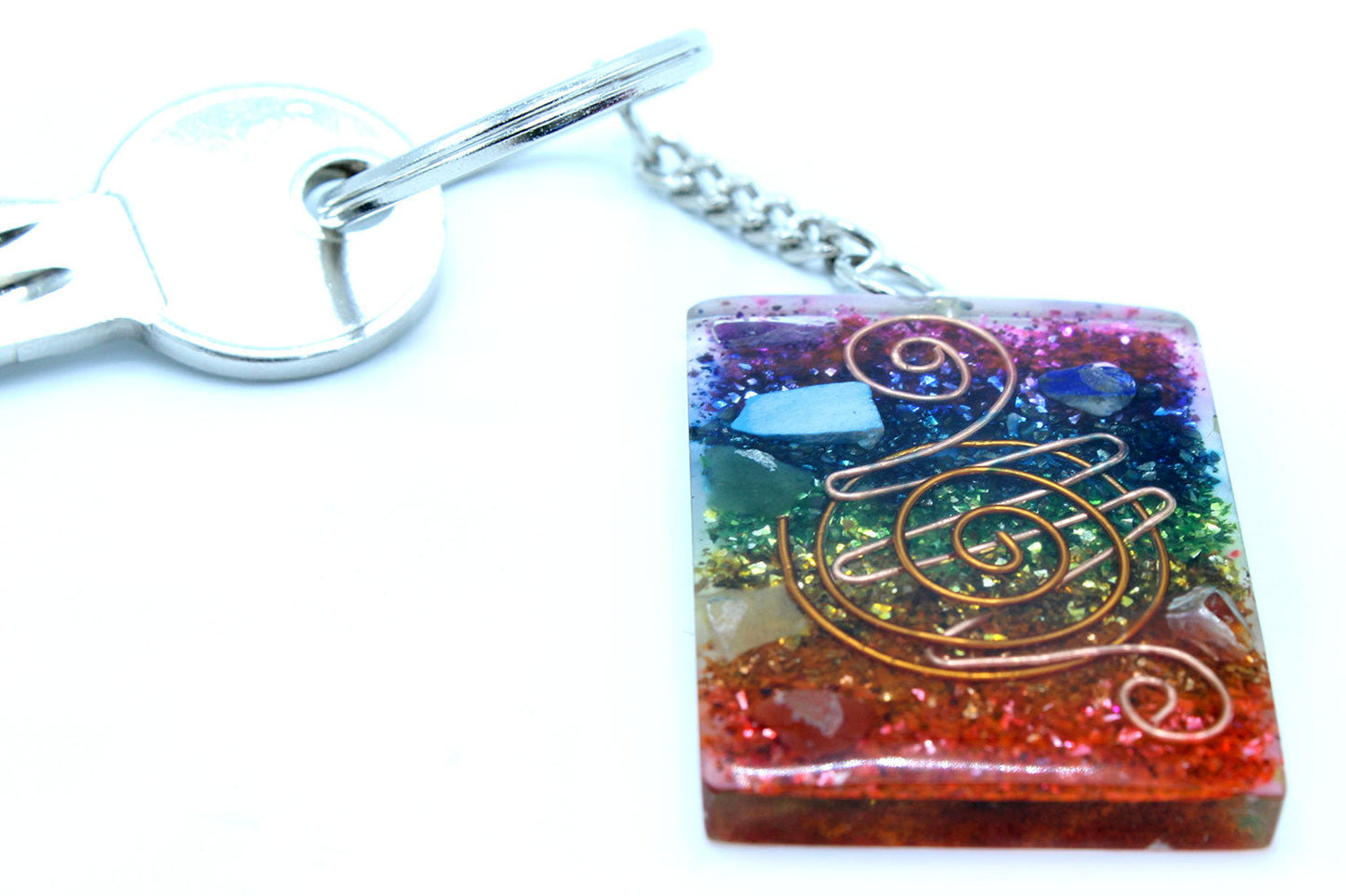 Handmade Orgonite Power Keyring - Chakra / Rectangular / Multicolour and Copper product packaging on clean background from Quintessential Holistic Health Ltd