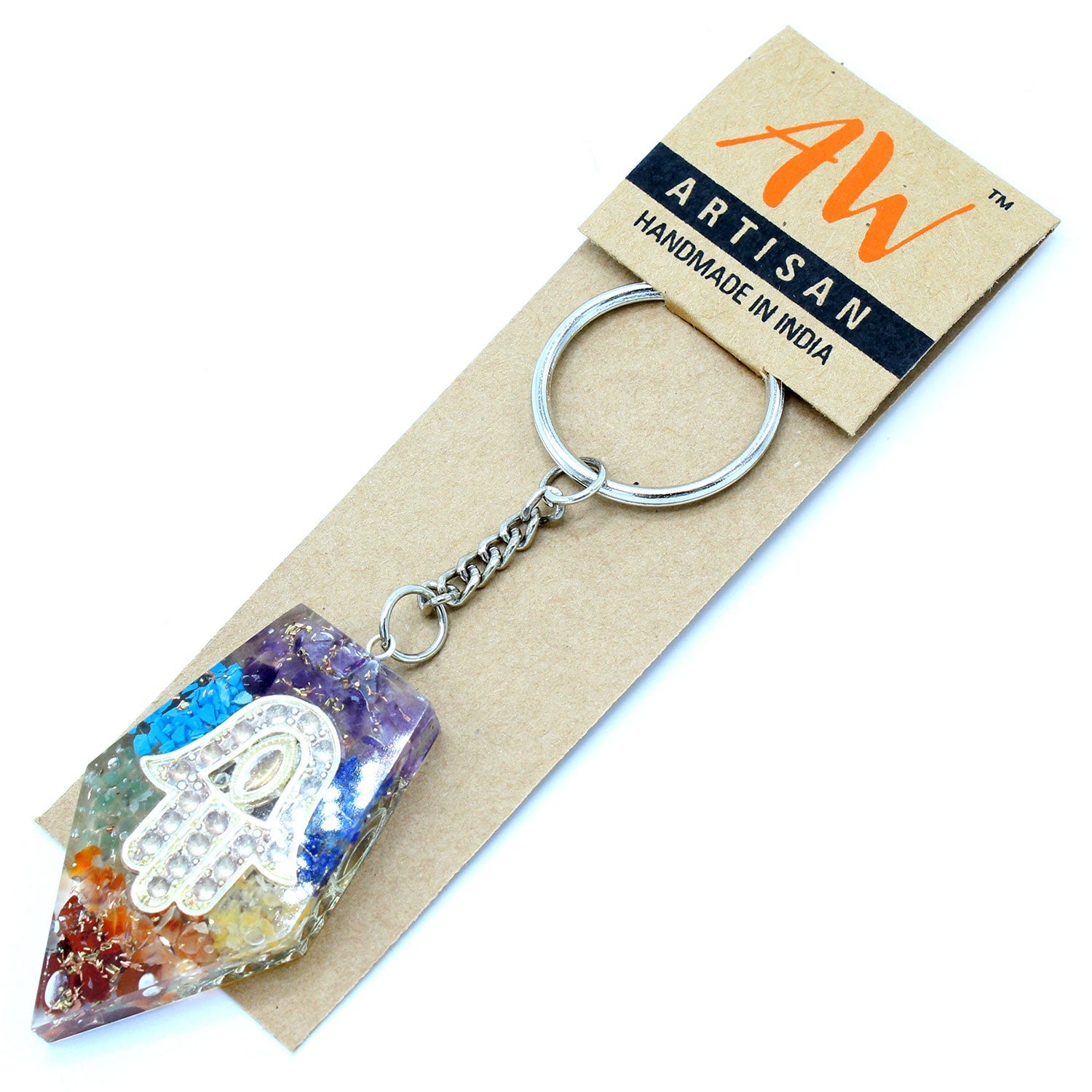 Handmade Orgonite Power Keyring - Pentagon / Chakra Hamsa / Multicolour product packaging on clean background from Quintessential Holistic Health Ltd