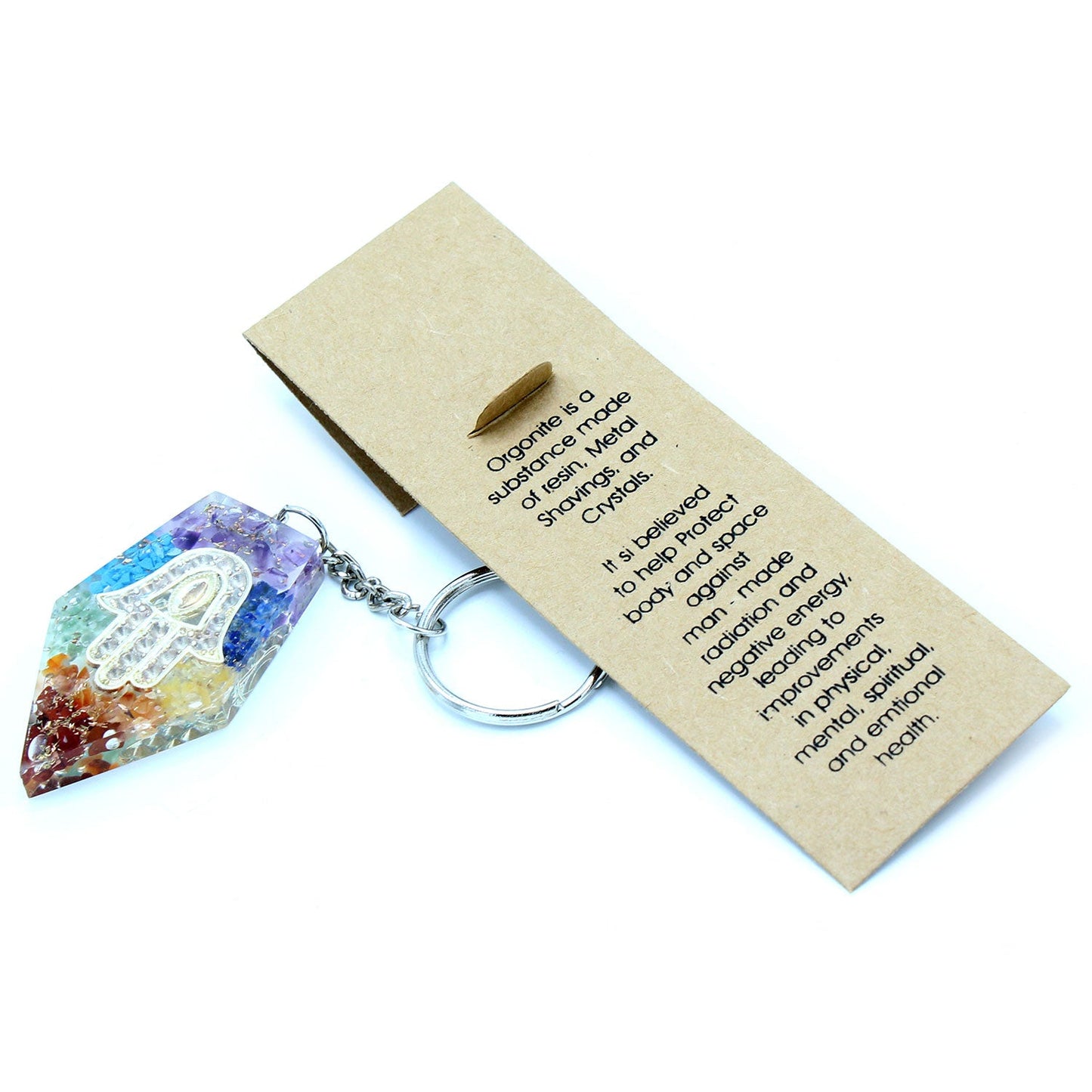 Handmade Orgonite Power Keyring - Pentagon / Chakra Hamsa / Multicolour product packaging on clean background from Quintessential Holistic Health Ltd