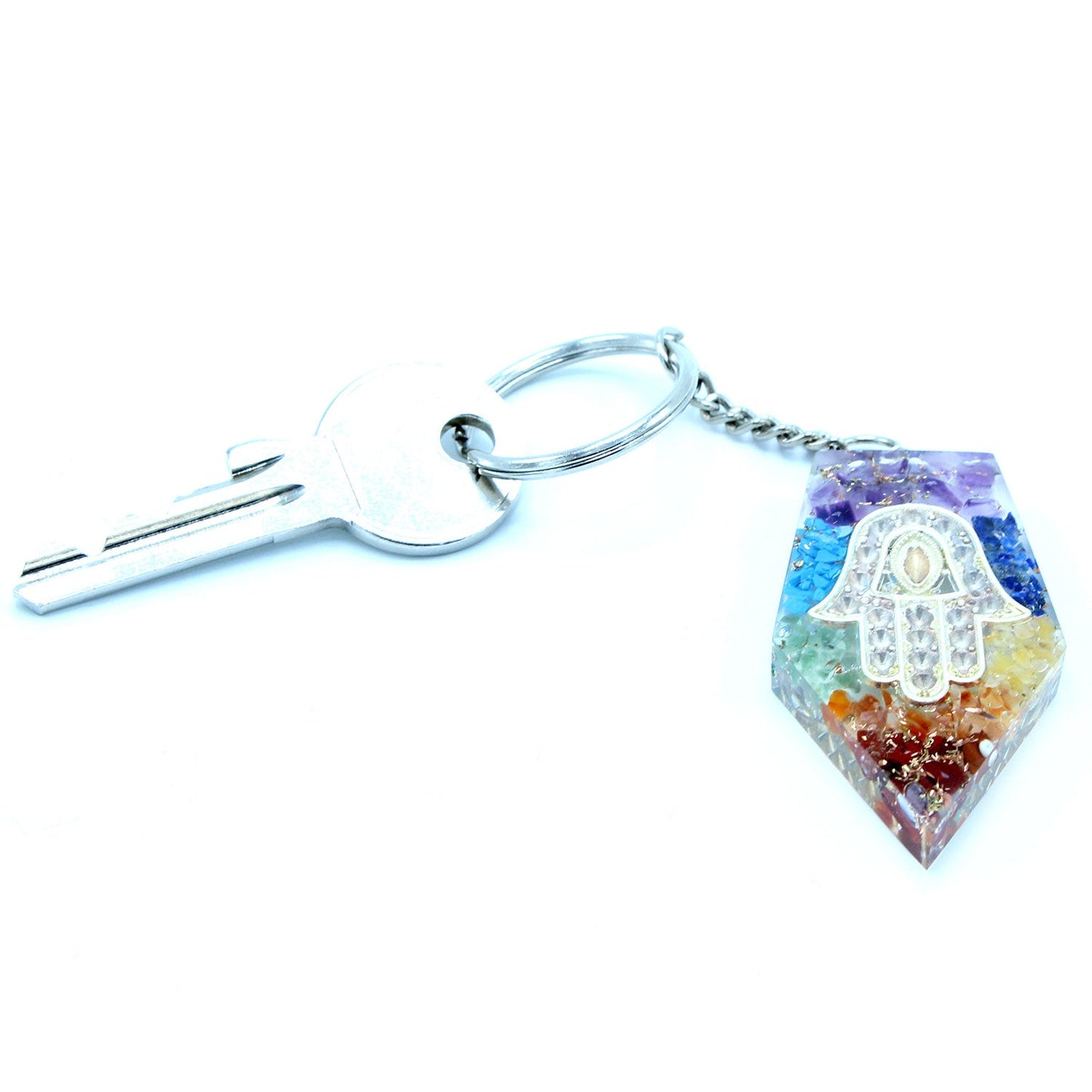 Handmade Orgonite Power Keyring - Pentagon / Chakra Hamsa / Multicolour product packaging on clean background from Quintessential Holistic Health Ltd