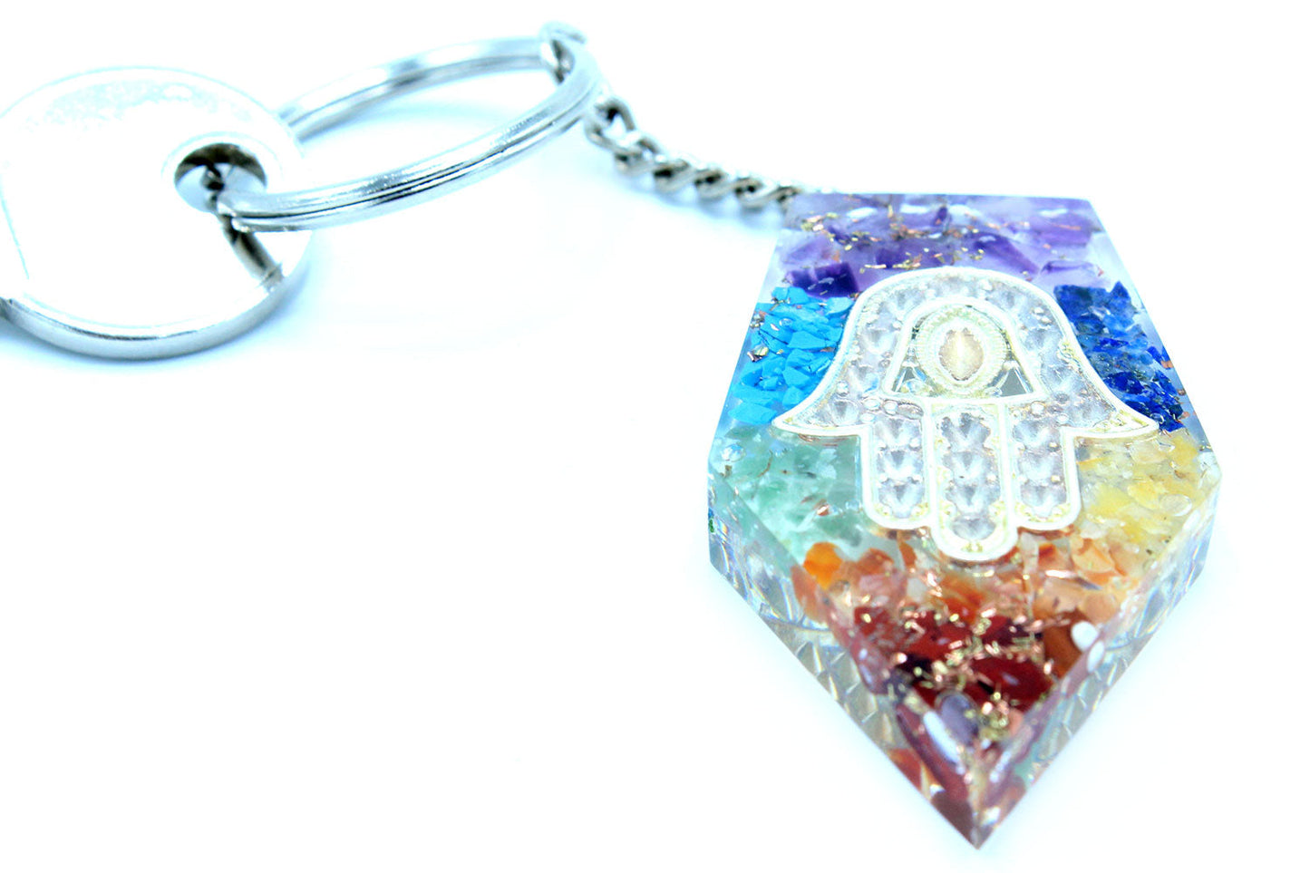 Handmade Orgonite Power Keyring - Pentagon / Chakra Hamsa / Multicolour product packaging on clean background from Quintessential Holistic Health Ltd