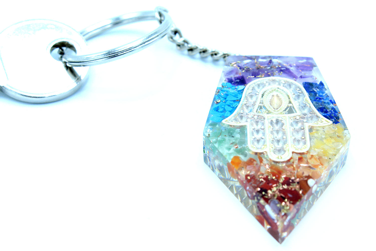 Handmade Orgonite Power Keyring - Pentagon / Chakra Hamsa / Multicolour product packaging on clean background from Quintessential Holistic Health Ltd