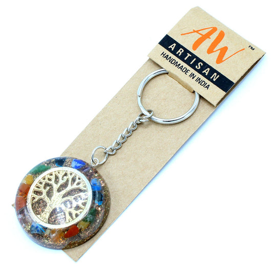 Handmade Orgonite Power Keyring - Round / Chakra Tree of Life / Multicolour and Gold product packaging on clean background from Quintessential Holistic Health Ltd