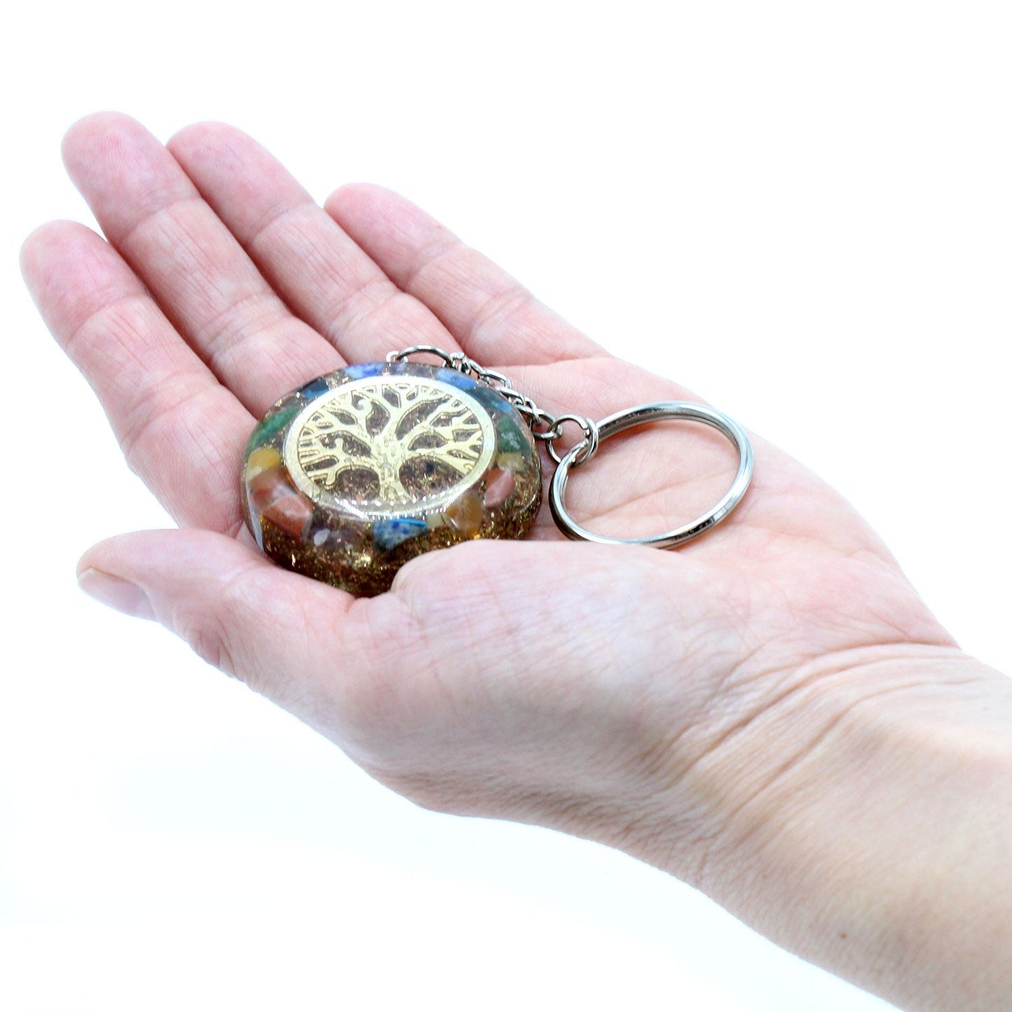 Handmade Orgonite Power Keyring - Round / Chakra Tree of Life / Multicolour and Gold product packaging on clean background from Quintessential Holistic Health Ltd