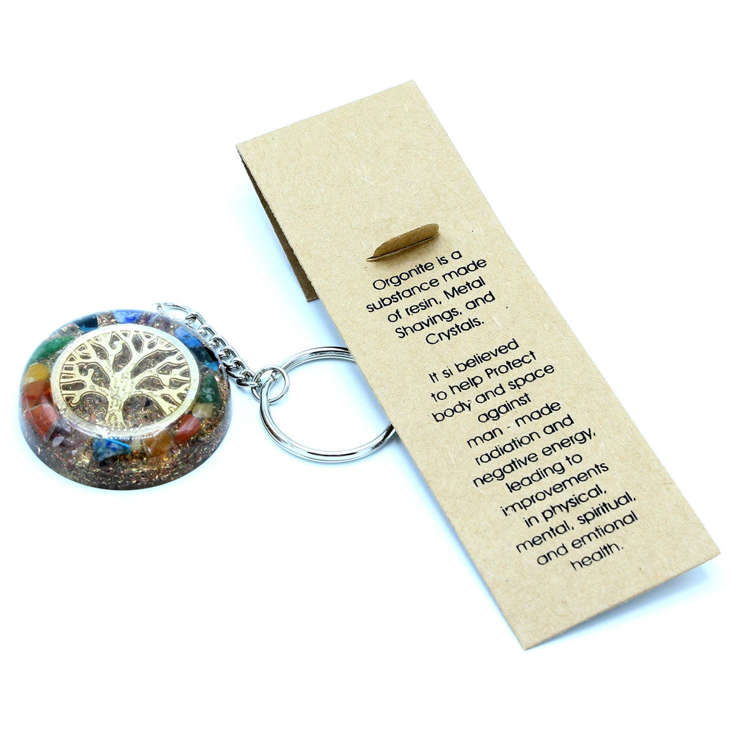 Handmade Orgonite Power Keyring - Round / Chakra Tree of Life / Multicolour and Gold product packaging on clean background from Quintessential Holistic Health Ltd