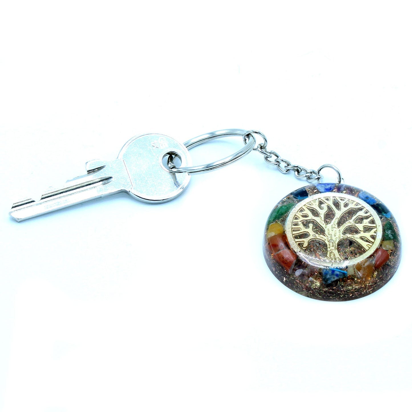 Handmade Orgonite Power Keyring - Round / Chakra Tree of Life / Multicolour and Gold product packaging on clean background from Quintessential Holistic Health Ltd