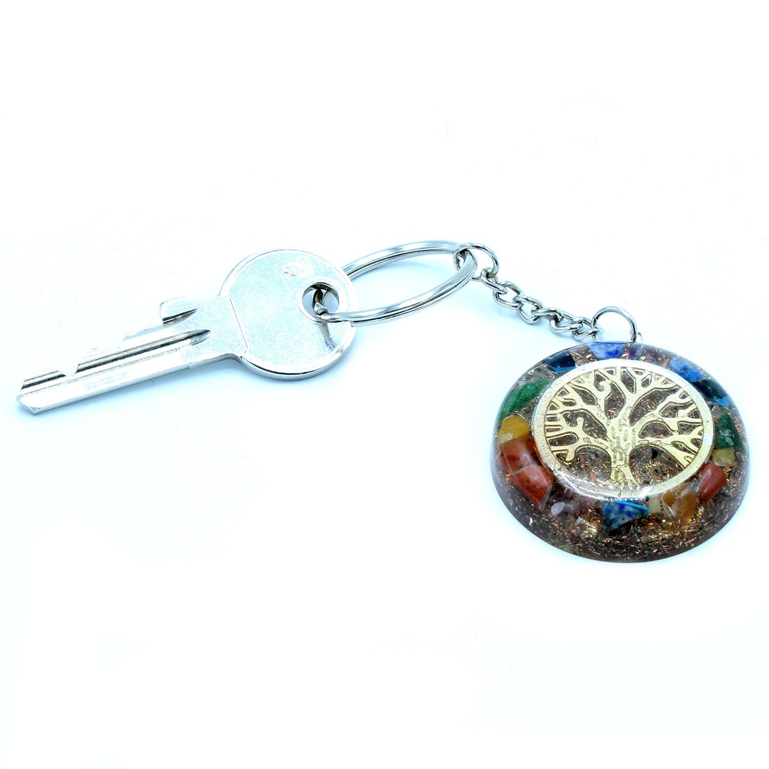 Handmade Orgonite Power Keyring - Round / Chakra Tree of Life / Multicolour and Gold product packaging on clean background from Quintessential Holistic Health Ltd