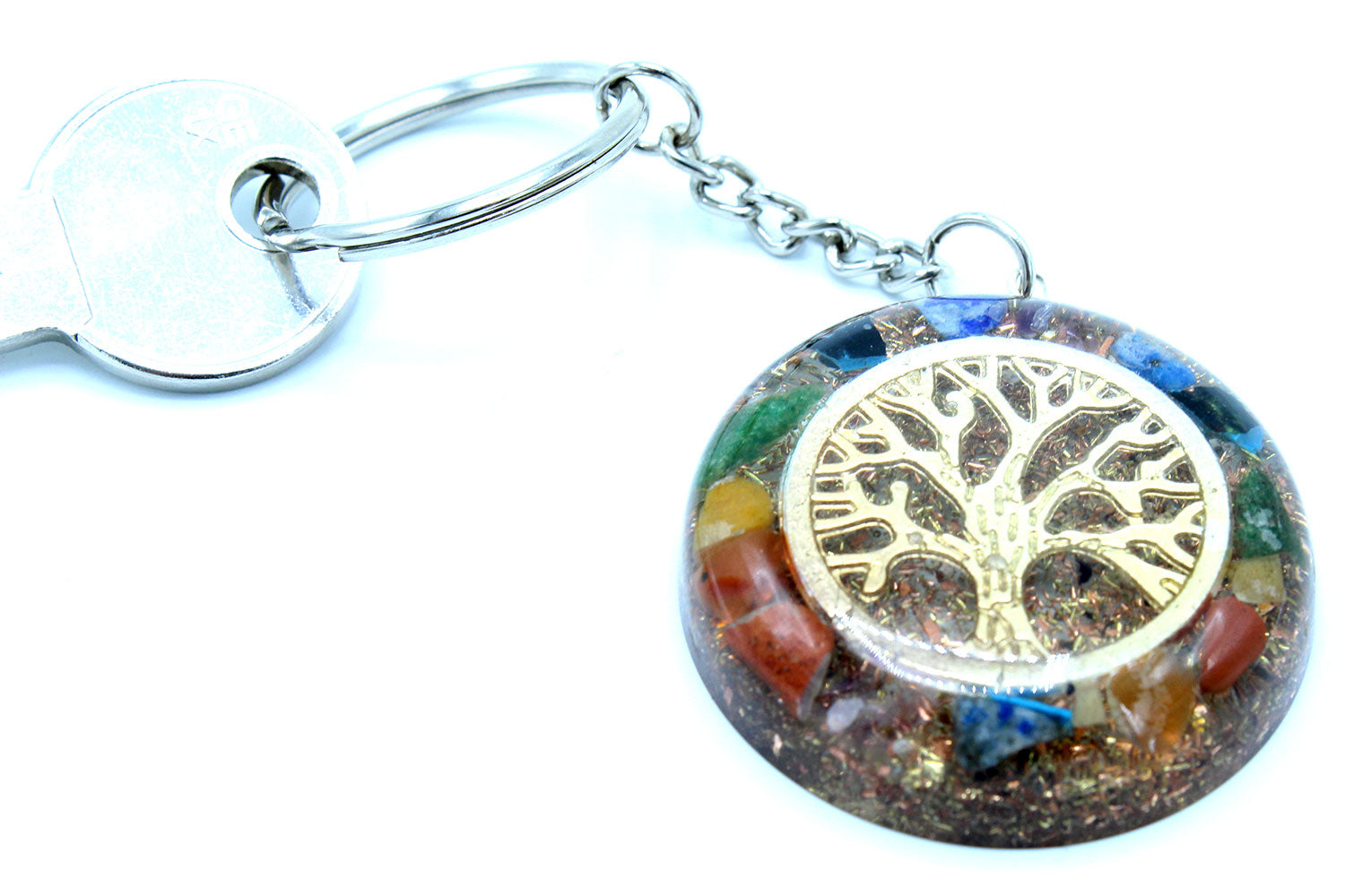 Handmade Orgonite Power Keyring - Round / Chakra Tree of Life / Multicolour and Gold product packaging on clean background from Quintessential Holistic Health Ltd
