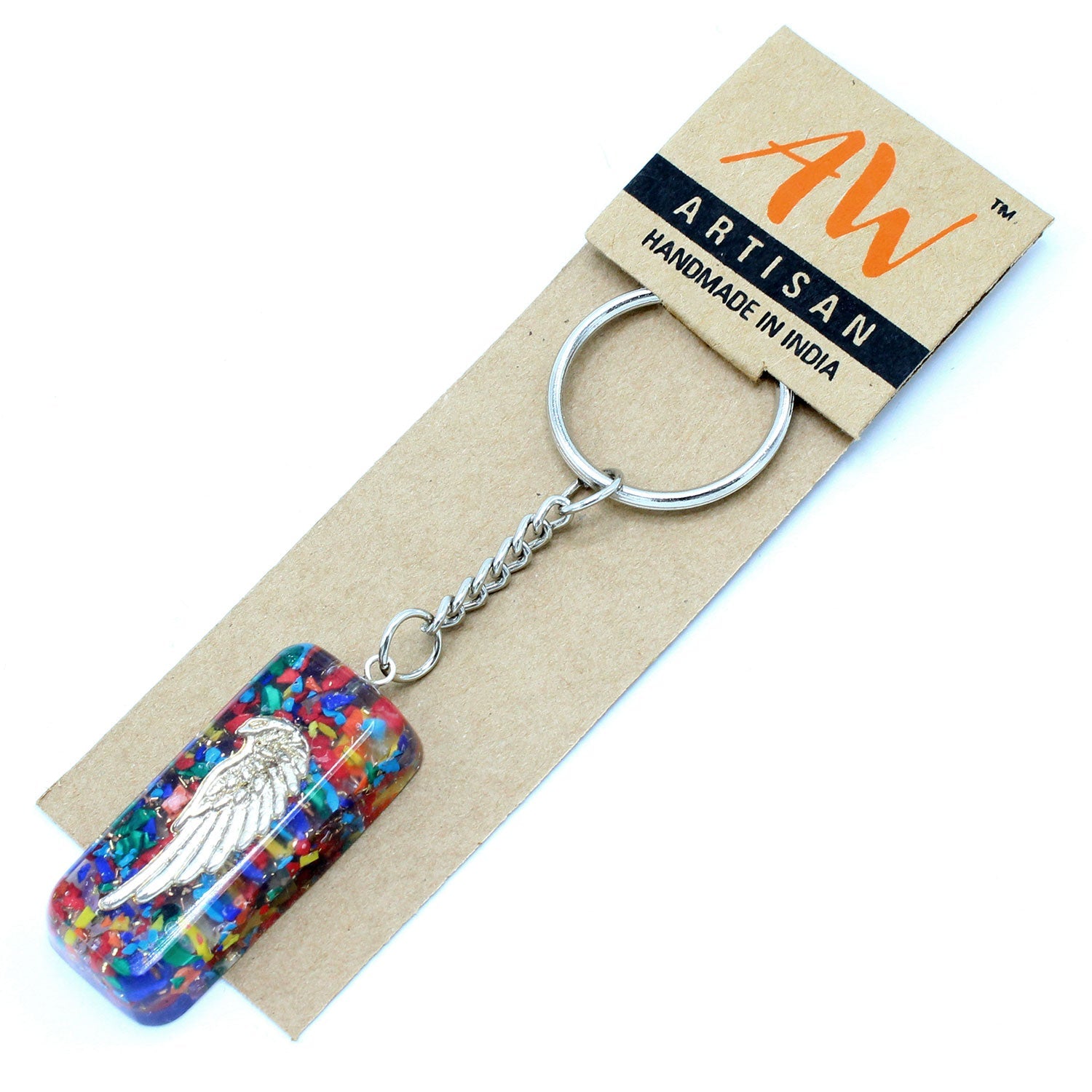 Handmade Orgonite Power Keyring - Rectangular / Eagle / Multicolour and Gold product packaging on clean background from Quintessential Holistic Health Ltd