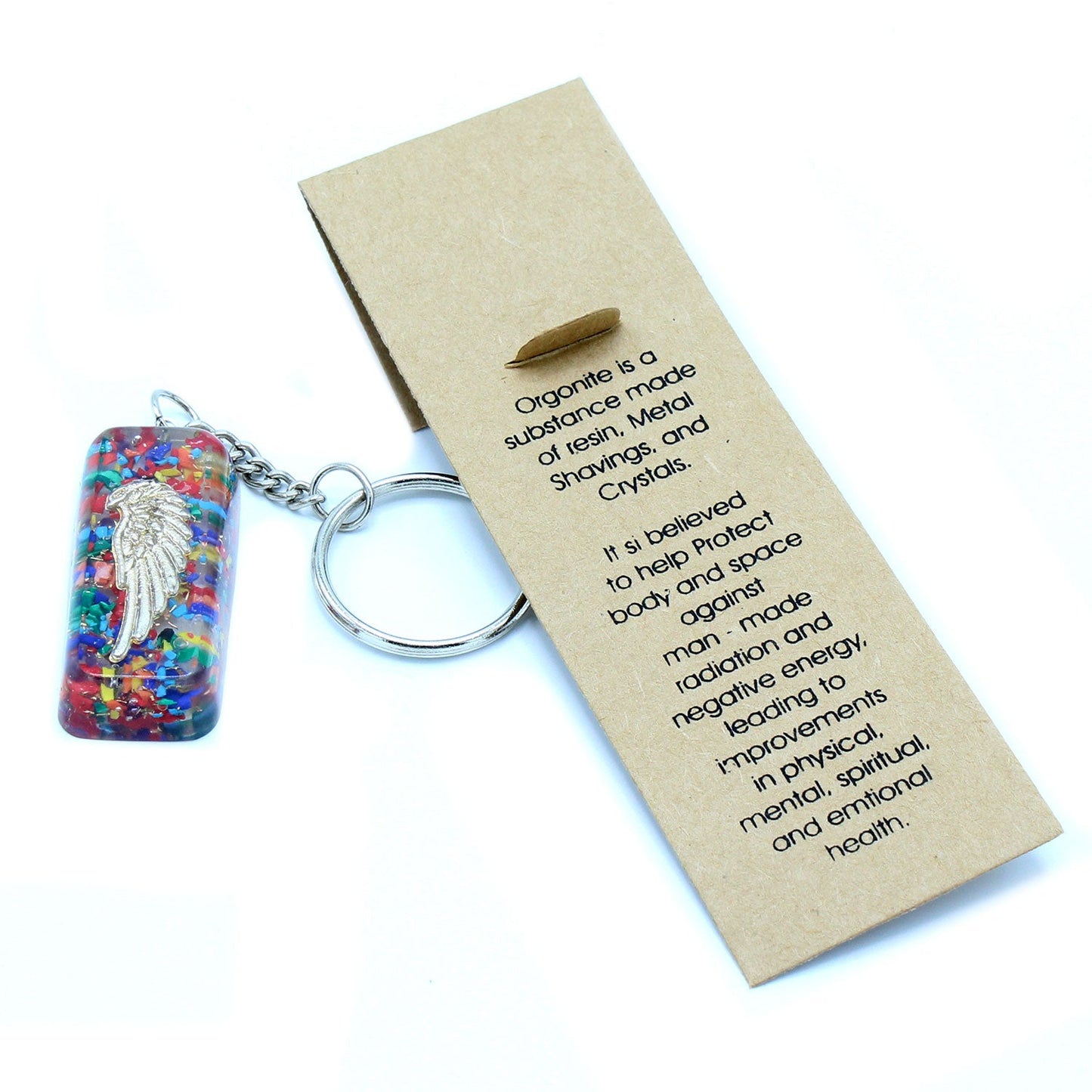 Handmade Orgonite Power Keyring - Rectangular / Eagle / Multicolour and Gold product packaging on clean background from Quintessential Holistic Health Ltd