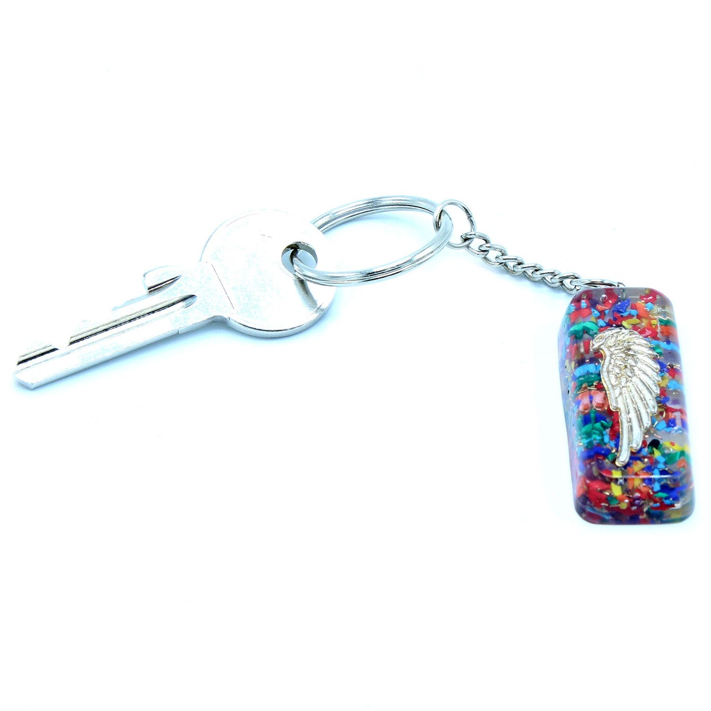 Handmade Orgonite Power Keyring - Rectangular / Eagle / Multicolour and Gold product packaging on clean background from Quintessential Holistic Health Ltd