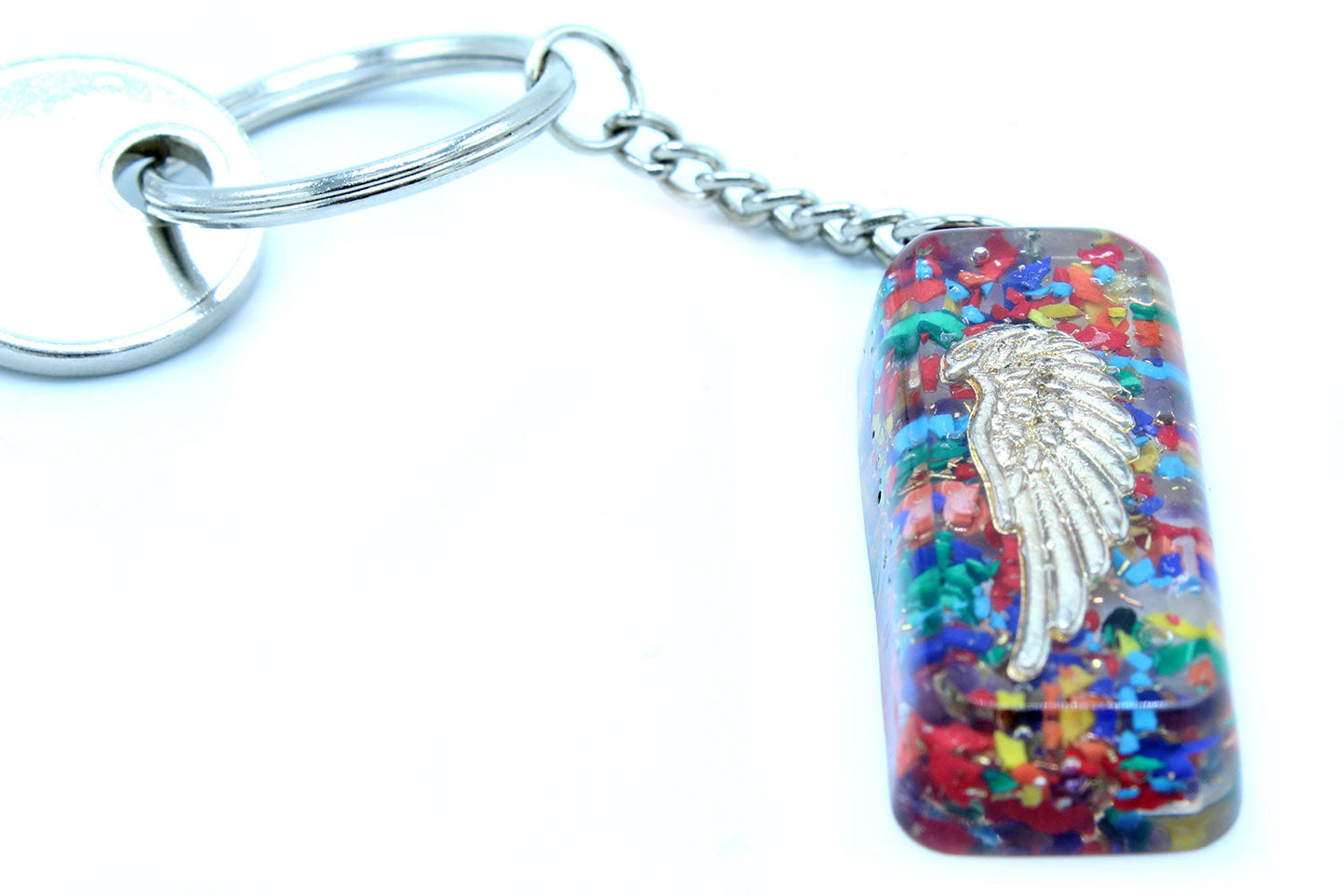 Handmade Orgonite Power Keyring - Rectangular / Eagle / Multicolour and Gold product packaging on clean background from Quintessential Holistic Health Ltd