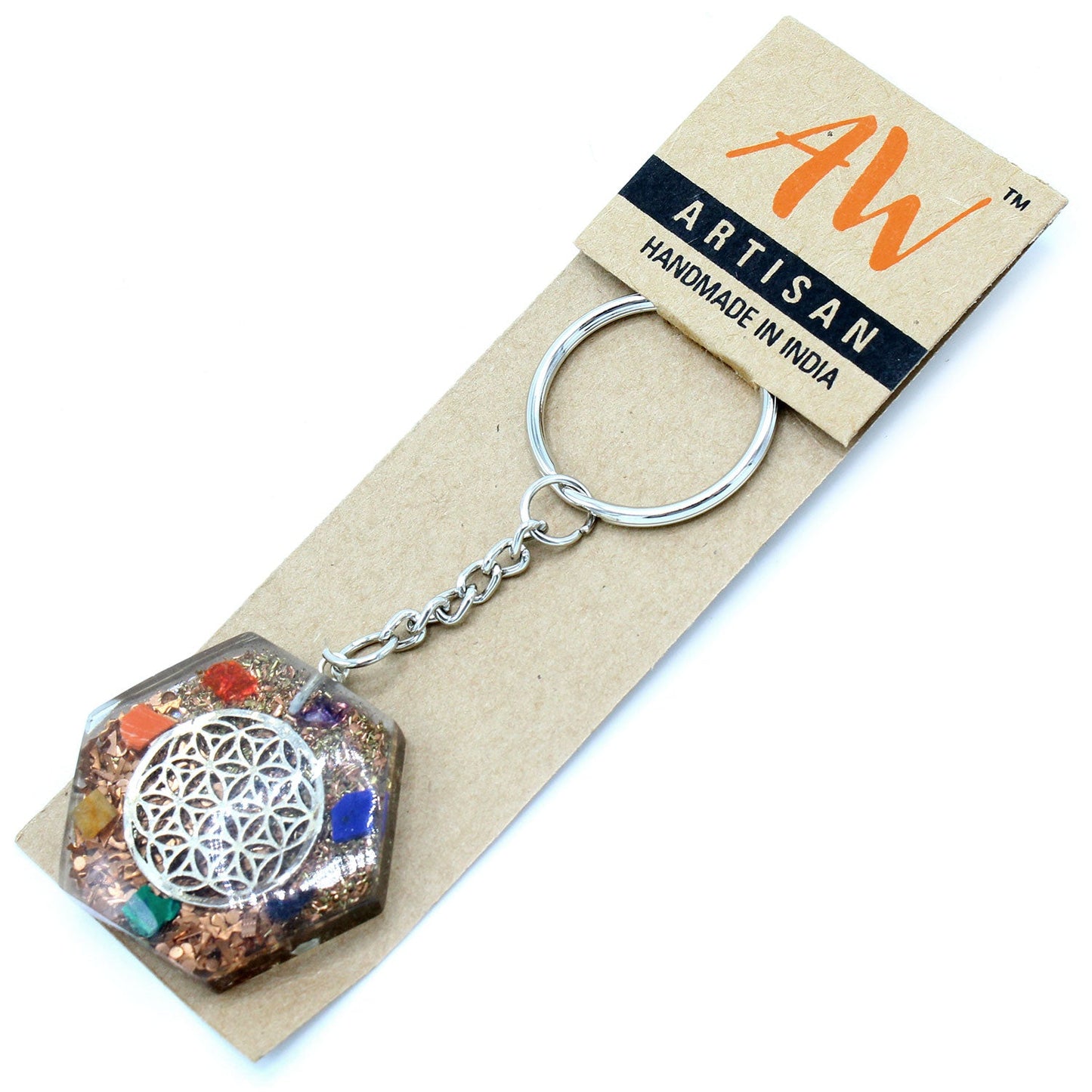 Handmade Orgonite Power Keyring - Octagonal / Flower of Life / Multicoloured and Silver product packaging on clean background from Quintessential Holistic Health Ltd