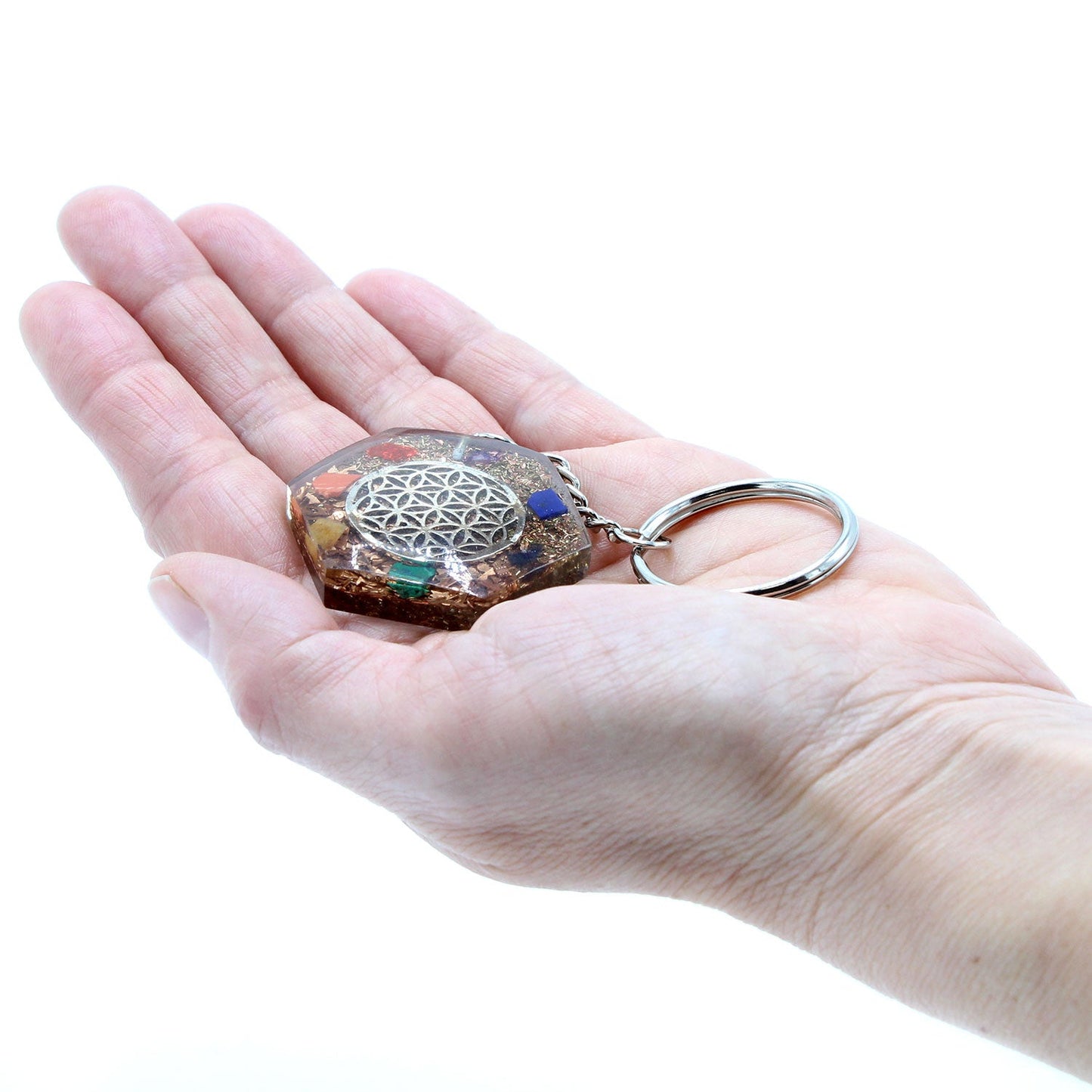 Handmade Orgonite Power Keyring - Octagonal / Flower of Life / Multicoloured and Silver product packaging on clean background from Quintessential Holistic Health Ltd