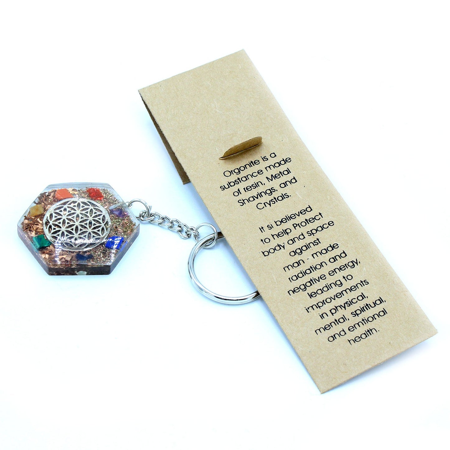 Handmade Orgonite Power Keyring - Octagonal / Flower of Life / Multicoloured and Silver product packaging on clean background from Quintessential Holistic Health Ltd