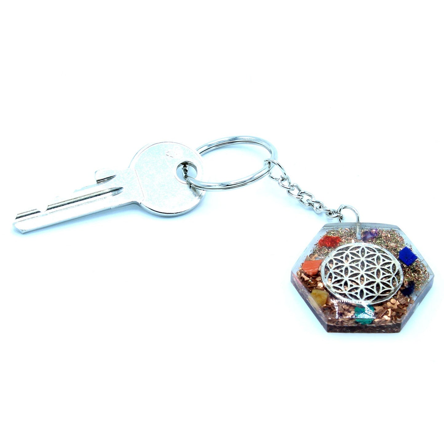 Handmade Orgonite Power Keyring - Octagonal / Flower of Life / Multicoloured and Silver product packaging on clean background from Quintessential Holistic Health Ltd