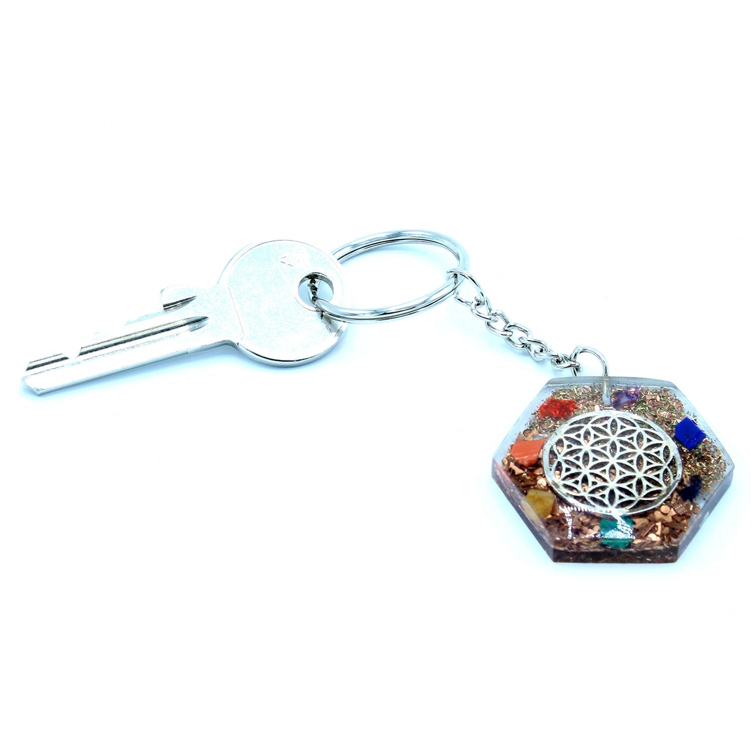 Handmade Orgonite Power Keyring - Octagonal / Flower of Life / Multicoloured and Silver product packaging on clean background from Quintessential Holistic Health Ltd