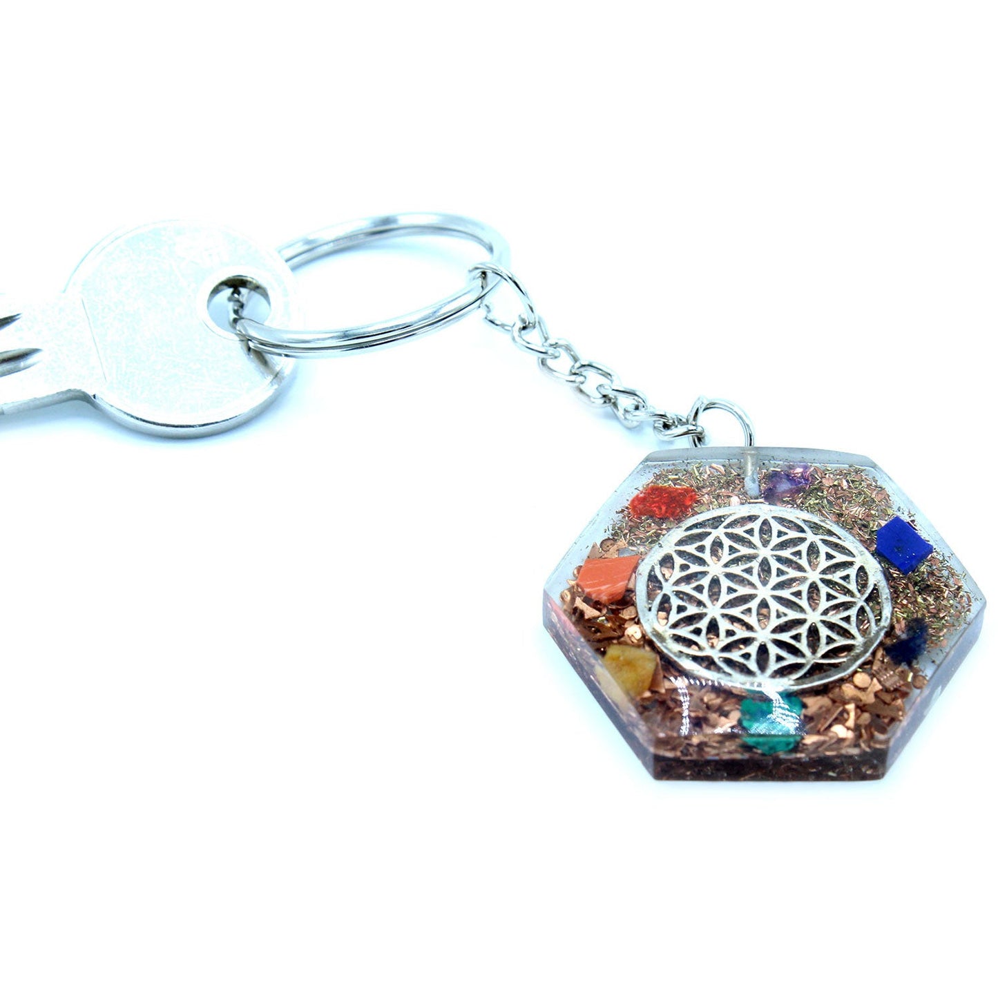 Handmade Orgonite Power Keyring - Octagonal / Flower of Life / Multicoloured and Silver product packaging on clean background from Quintessential Holistic Health Ltd