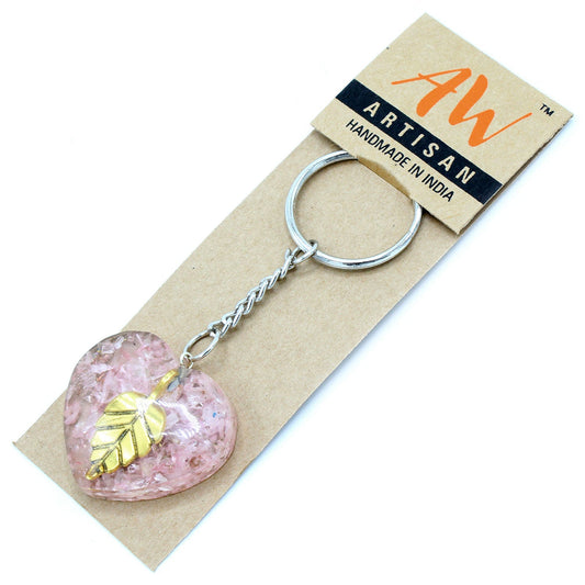 Handmade Orgonite Power Keyring - Heart / Rose Quartz / Pink and Golden Leaf product packaging on clean background from Quintessential Holistic Health Ltd