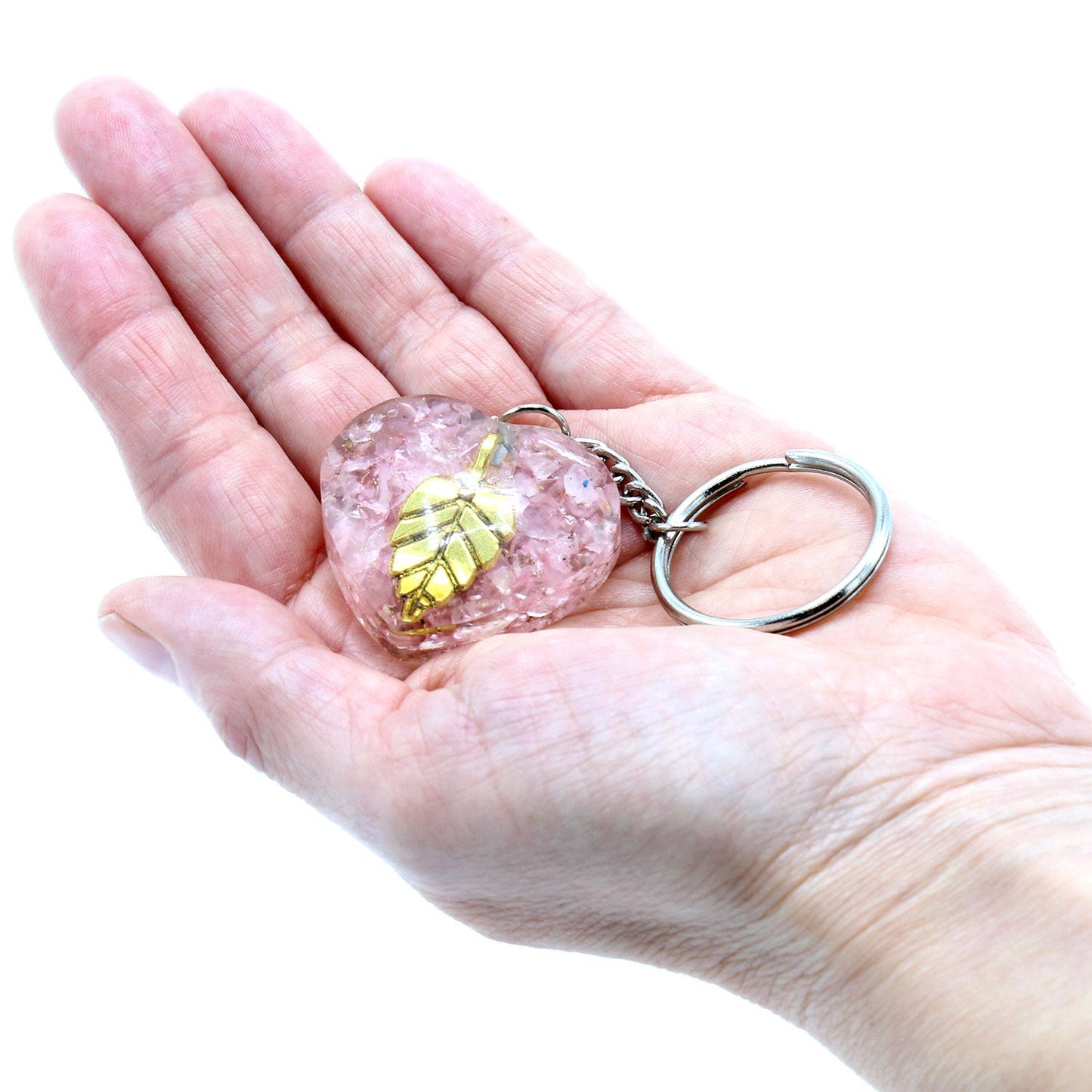 Handmade Orgonite Power Keyring - Heart / Rose Quartz / Pink and Golden Leaf product packaging on clean background from Quintessential Holistic Health Ltd