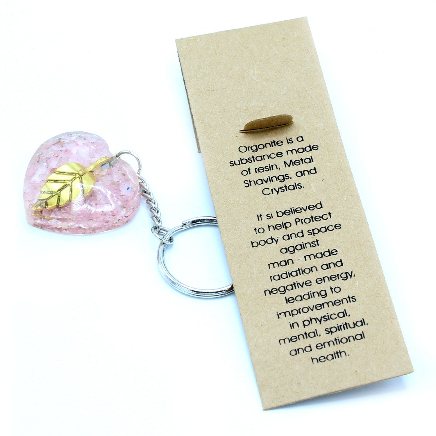 Handmade Orgonite Power Keyring - Heart / Rose Quartz / Pink and Golden Leaf product packaging on clean background from Quintessential Holistic Health Ltd