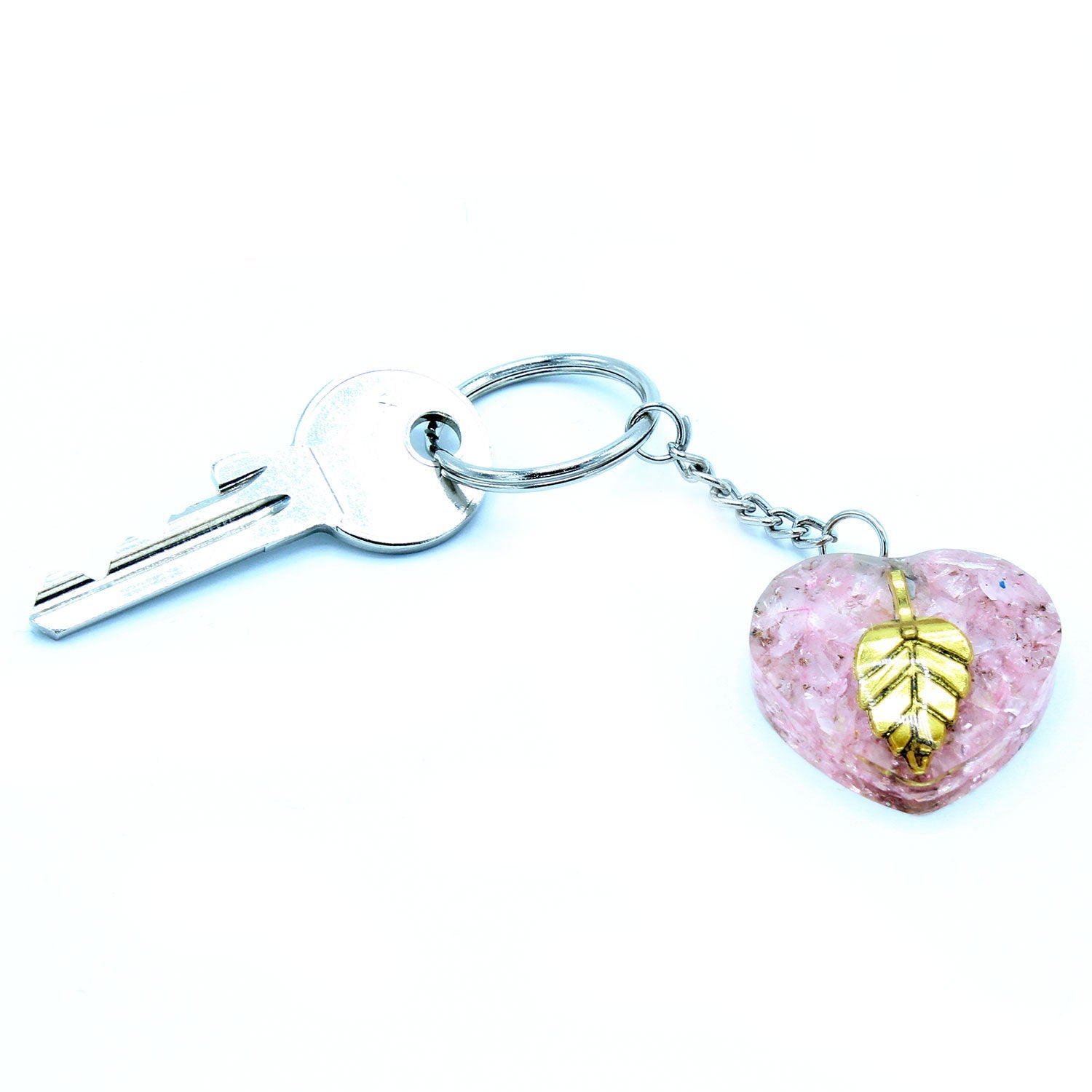 Handmade Orgonite Power Keyring - Heart / Rose Quartz / Pink and Golden Leaf product packaging on clean background from Quintessential Holistic Health Ltd