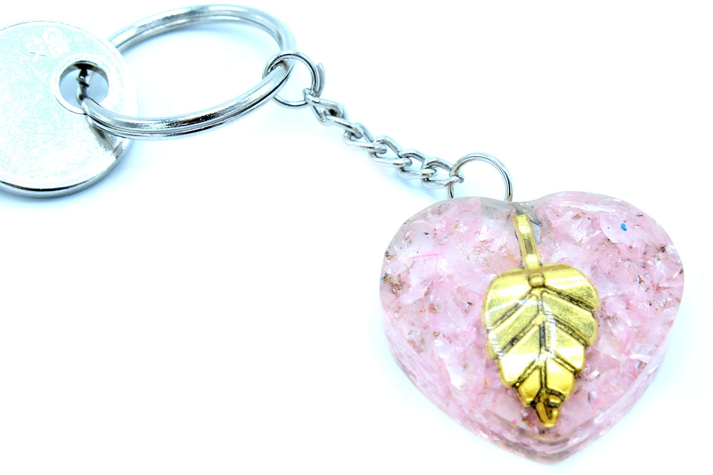Handmade Orgonite Power Keyring - Heart / Rose Quartz / Pink and Golden Leaf product packaging on clean background from Quintessential Holistic Health Ltd