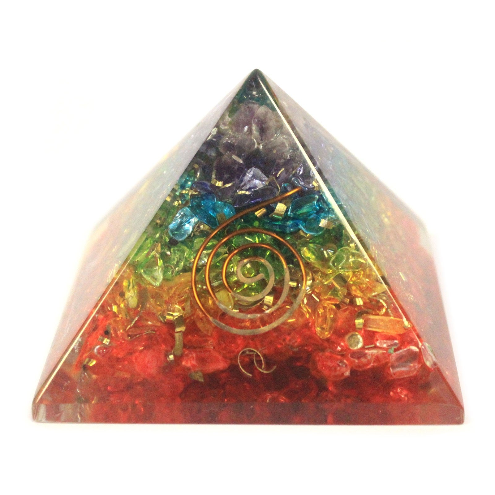 Handmade Orgonite Desk Power Pack / Paperweight - Large / Pyramid / Chakra/ Multicoloured with Copper product packaging on clean background from Quintessential Holistic Health Ltd