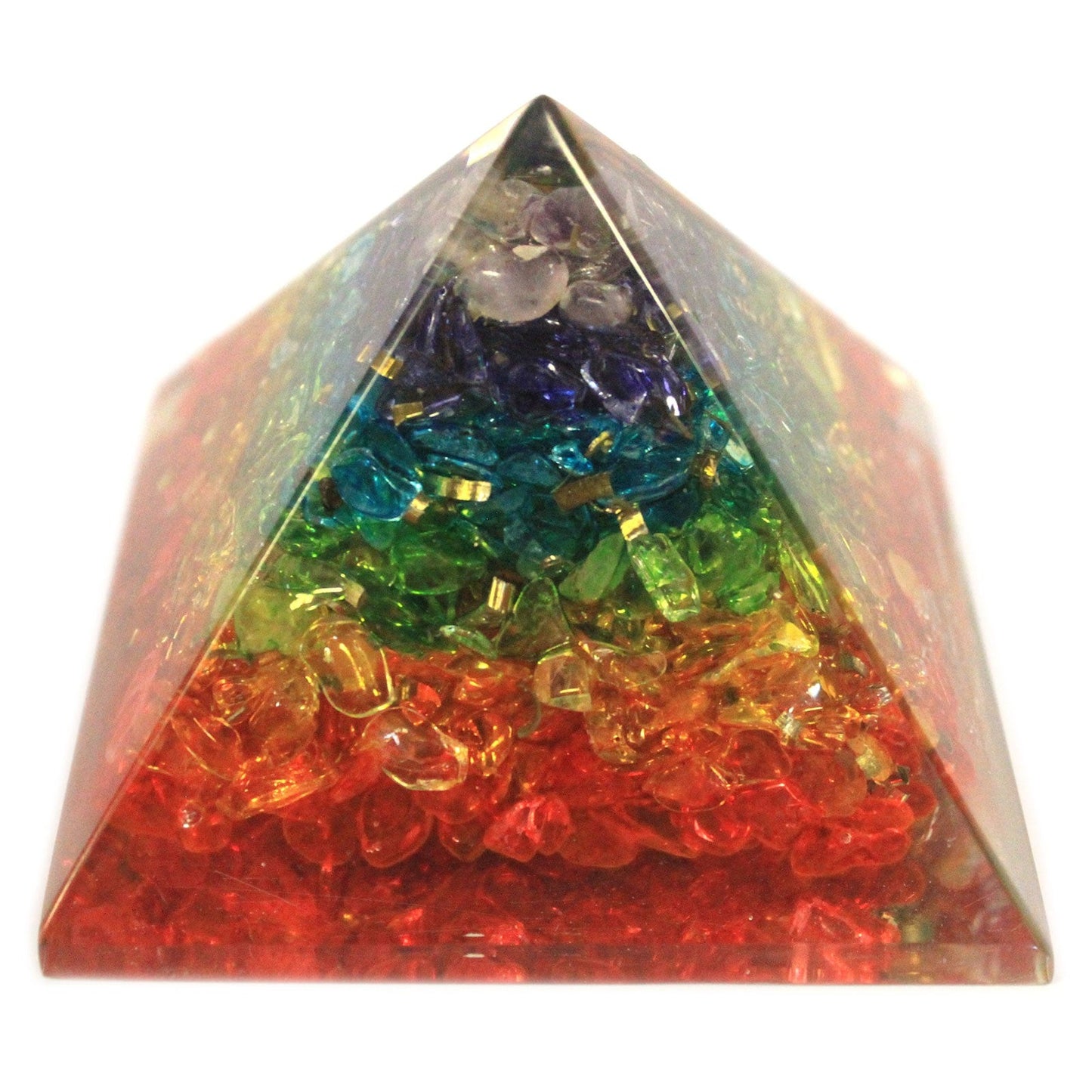 Handmade Orgonite Desk Power Pack / Paperweight - Large / Pyramid / Chakra/ Multicoloured with Copper product packaging on clean background from Quintessential Holistic Health Ltd