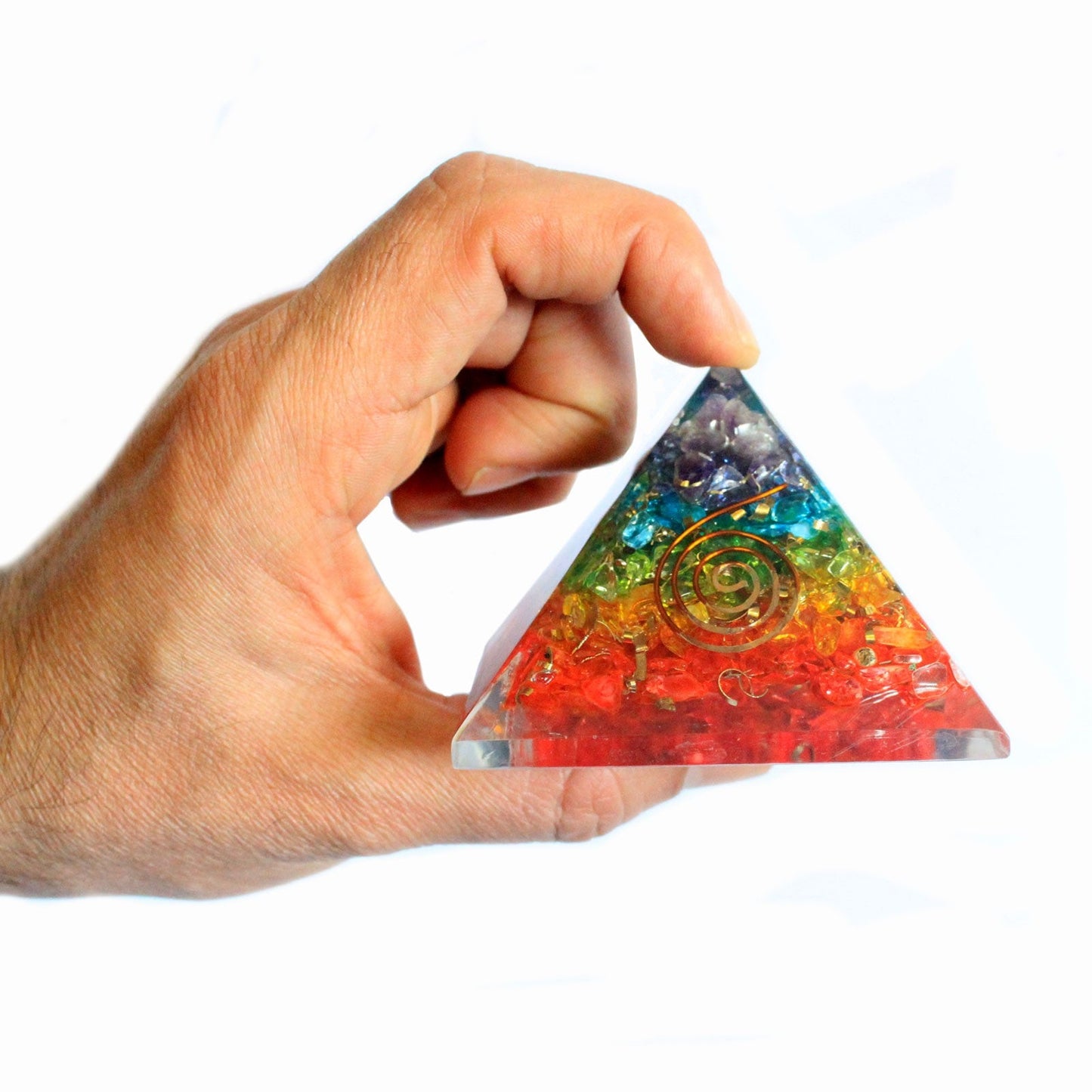 Handmade Orgonite Desk Power Pack / Paperweight - Large / Pyramid / Chakra/ Multicoloured with Copper product packaging on clean background from Quintessential Holistic Health Ltd