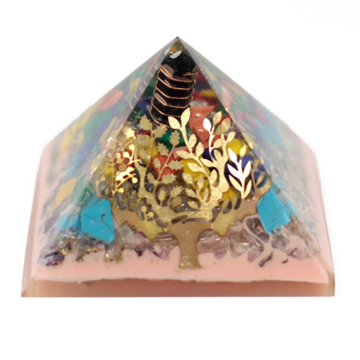 Handmade Orgonite Desk Power Pack / Paperweight - Large / Pyramid / Earth Base Tree / Pink, Multicoloured and Gold product packaging on clean background from Quintessential Holistic Health Ltd