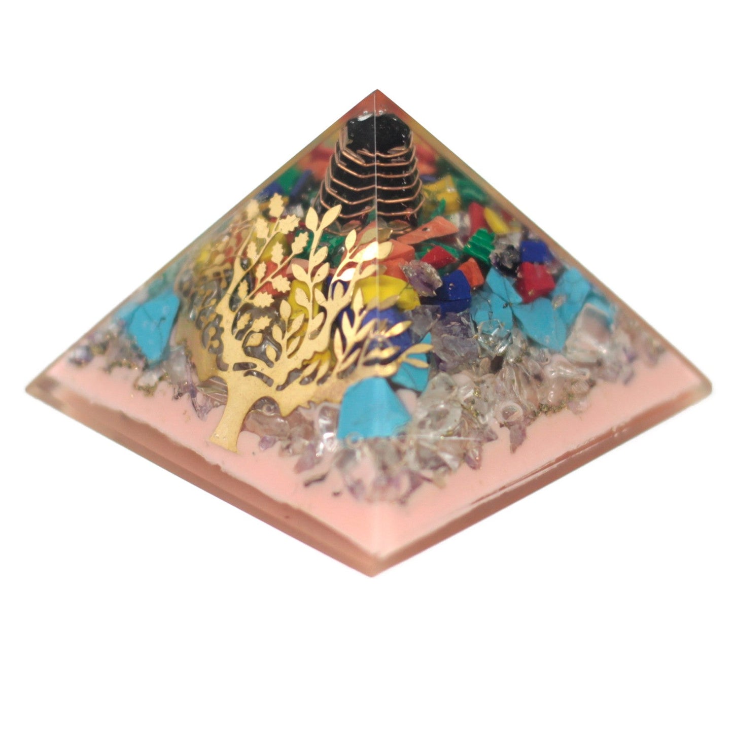 Handmade Orgonite Desk Power Pack / Paperweight - Large / Pyramid / Earth Base Tree / Pink, Multicoloured and Gold product packaging on clean background from Quintessential Holistic Health Ltd