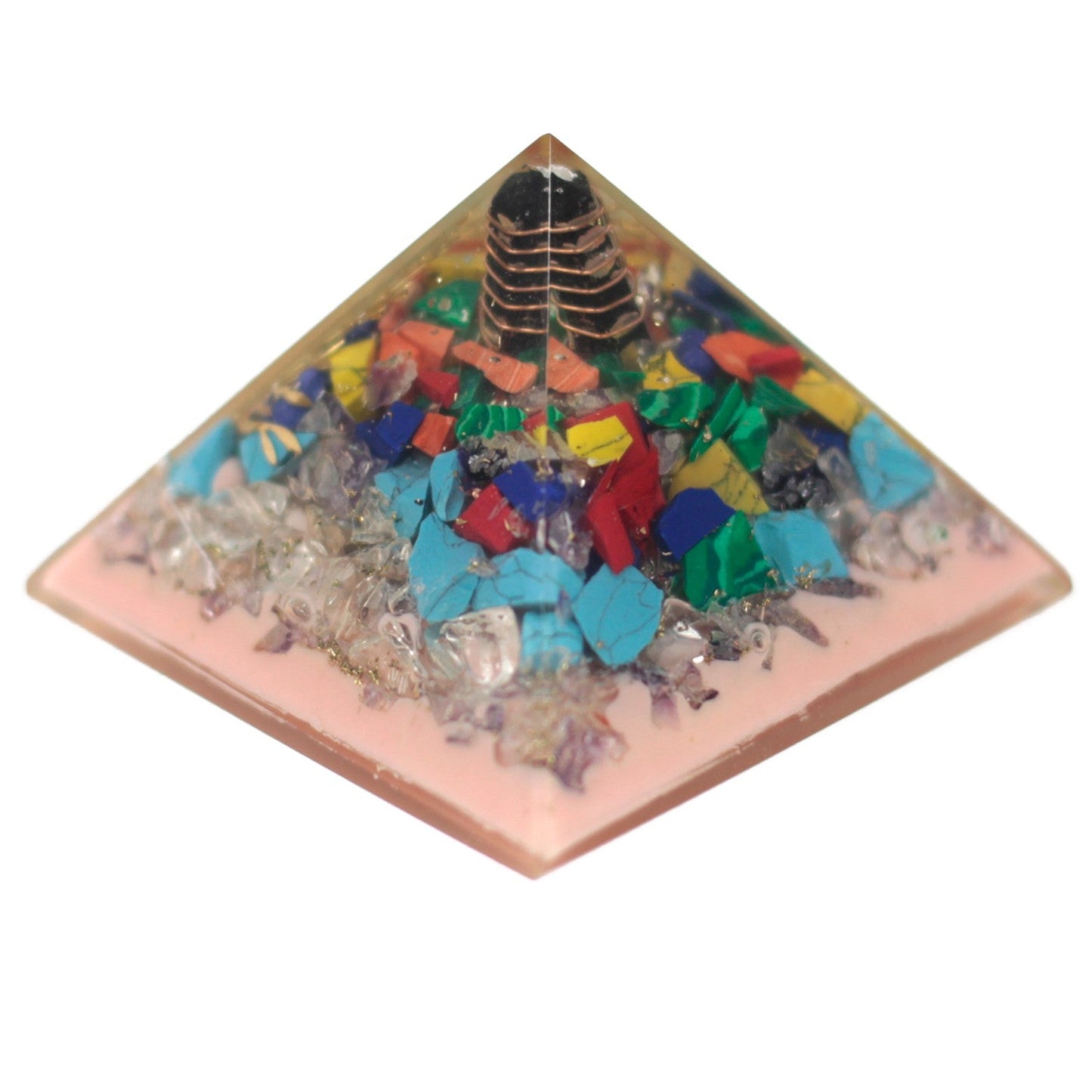 Handmade Orgonite Desk Power Pack / Paperweight - Large / Pyramid / Earth Base Tree / Pink, Multicoloured and Gold product packaging on clean background from Quintessential Holistic Health Ltd