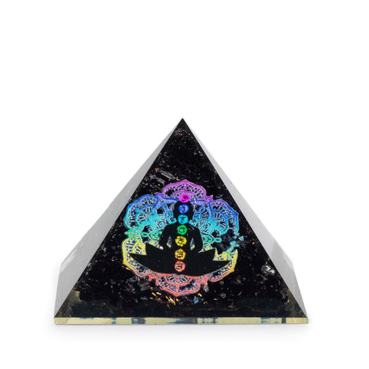 Handmade Orgonite Desk Power Pack / Paperweight - Small / Pyramid / Buddha Chakra / Black Tormaline product packaging on clean background from Quintessential Holistic Health Ltd