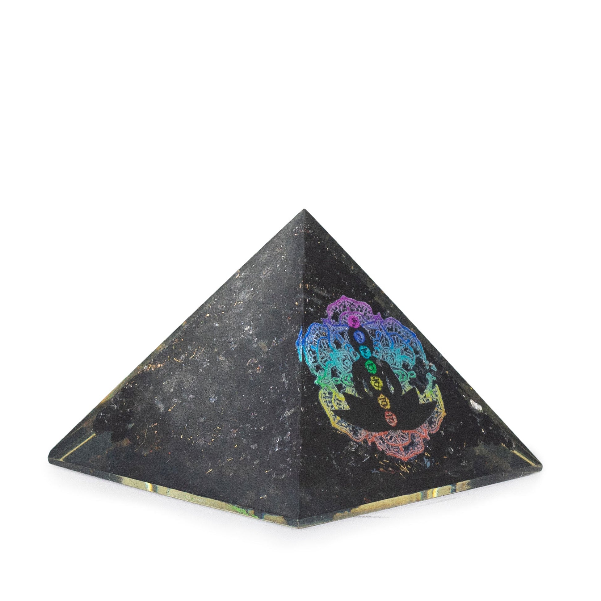 Handmade Orgonite Desk Power Pack / Paperweight - Small / Pyramid / Buddha Chakra / Black Tormaline product packaging on clean background from Quintessential Holistic Health Ltd