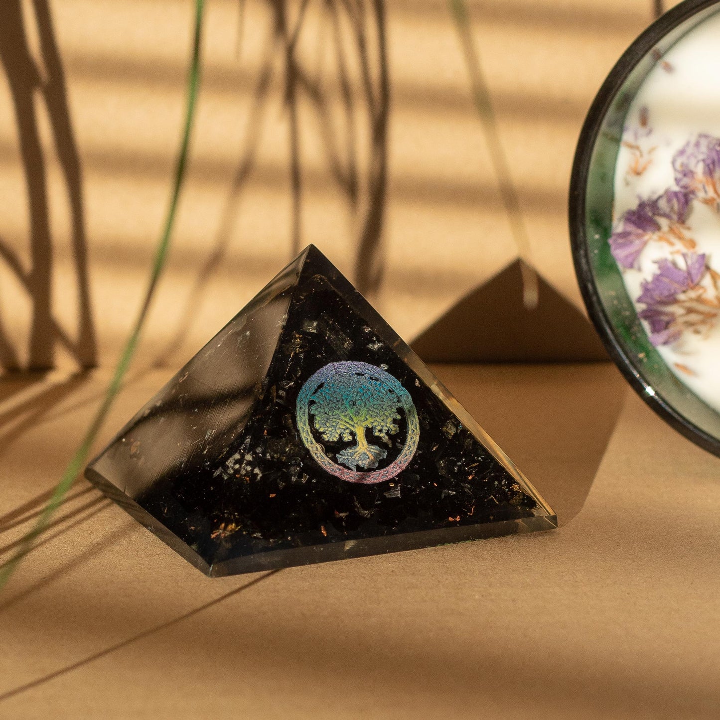 Handmade Orgonite Desk Power Pack / Paperweight - Small / Pyramid / Tree of Life / Black Tormaline product packaging on clean background from Quintessential Holistic Health Ltd