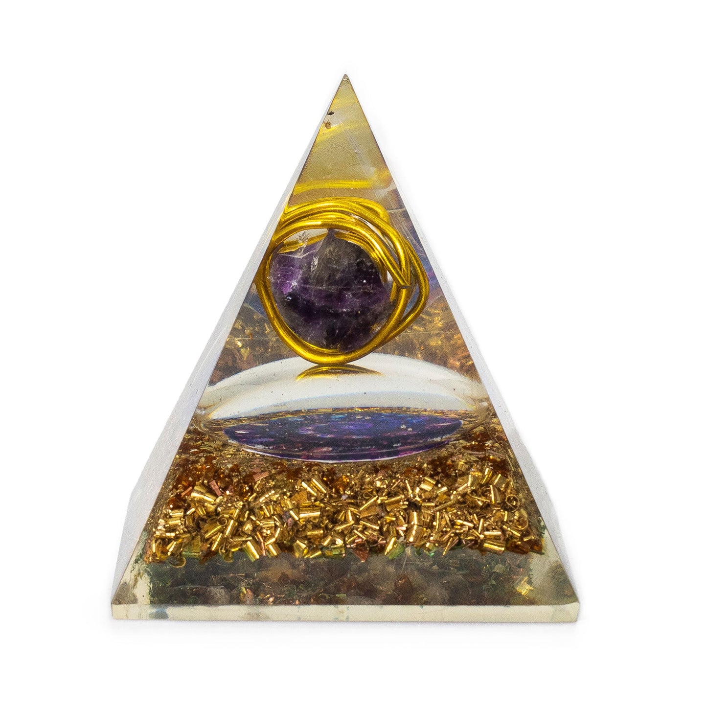 Handmade Orgonite Desk Power Pack / Paperweight - Medium / Pyramid / Amethyst with Copper / Purple and Gold product packaging on clean background from Quintessential Holistic Health Ltd