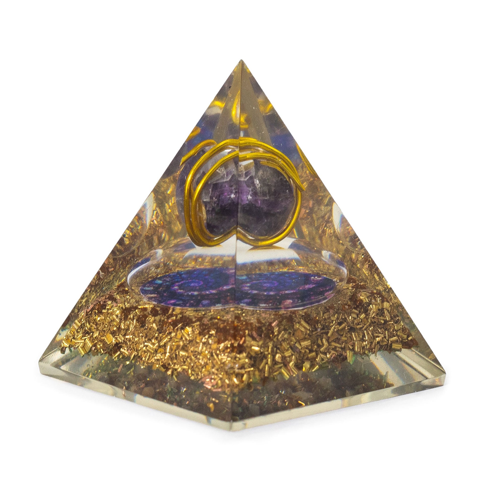 Handmade Orgonite Desk Power Pack / Paperweight - Medium / Pyramid / Amethyst with Copper / Purple and Gold product packaging on clean background from Quintessential Holistic Health Ltd