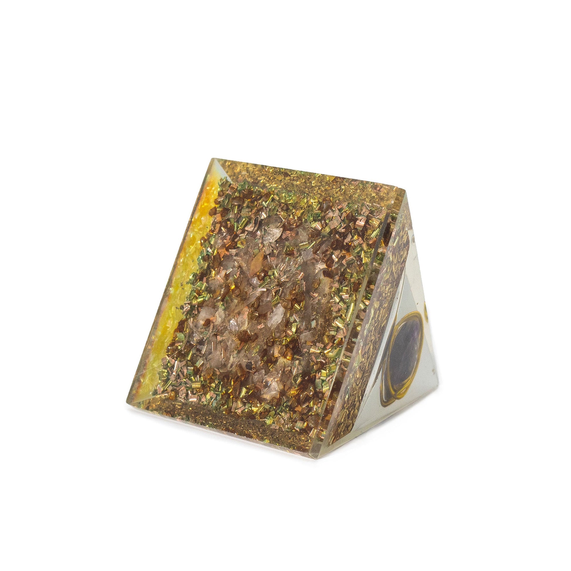 Handmade Orgonite Desk Power Pack / Paperweight - Medium / Pyramid / Amethyst with Copper / Purple and Gold product packaging on clean background from Quintessential Holistic Health Ltd