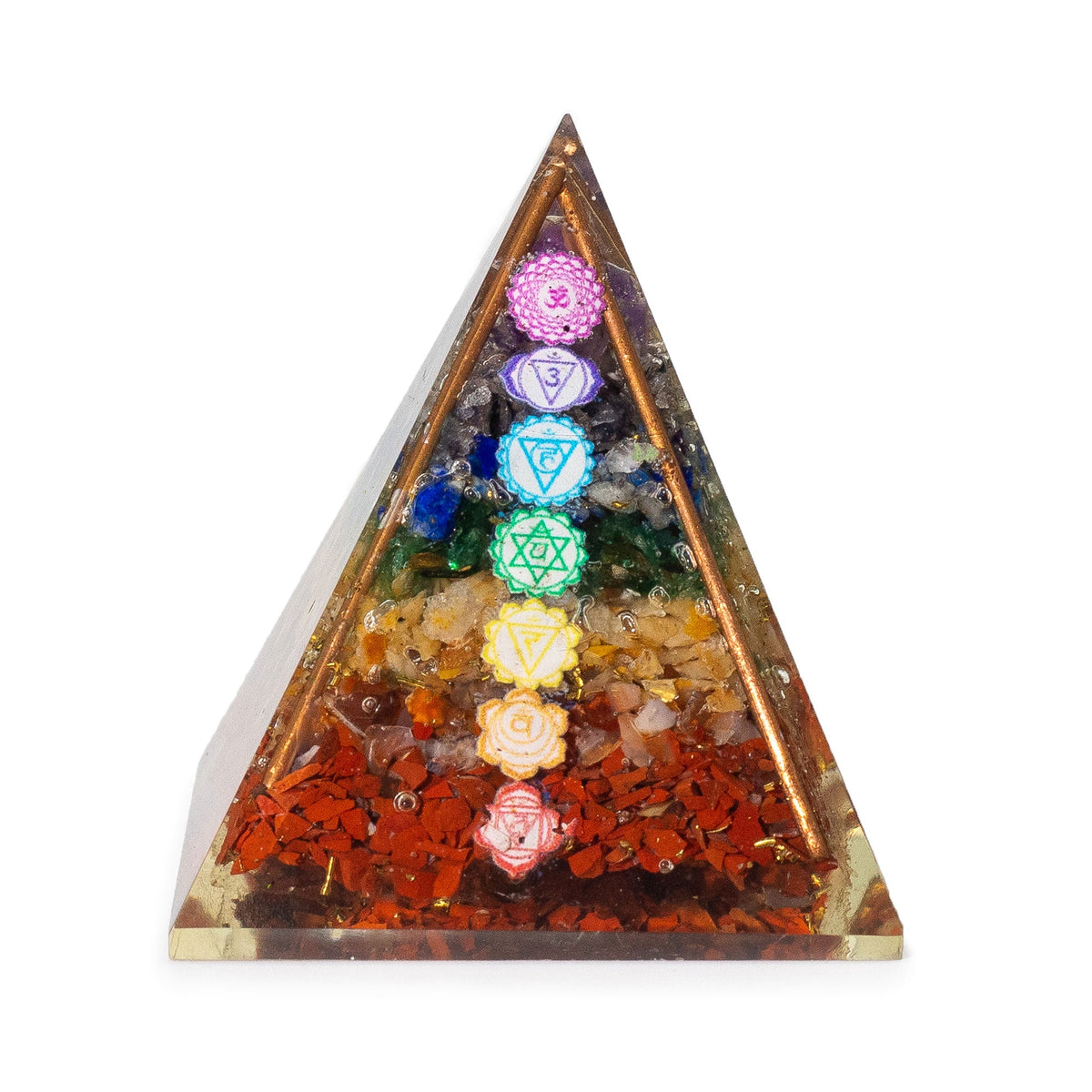 Orgonite Paperweight - Medium 7 Chakra Copper Pyramid, shown from the front with seven coloured chakra symbols in a vertical row by Quintessential Holistic Health Ltd