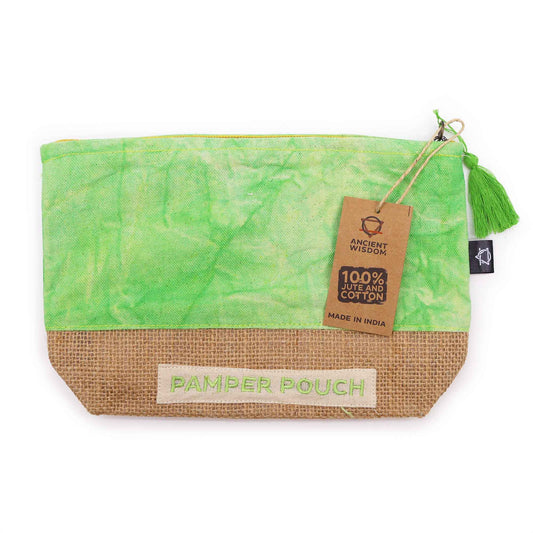 Eco-Friendly Jute and Cotton Pamper Pouch - Stonewash Green product packaging on clean background from Quintessential Holistic Health Ltd